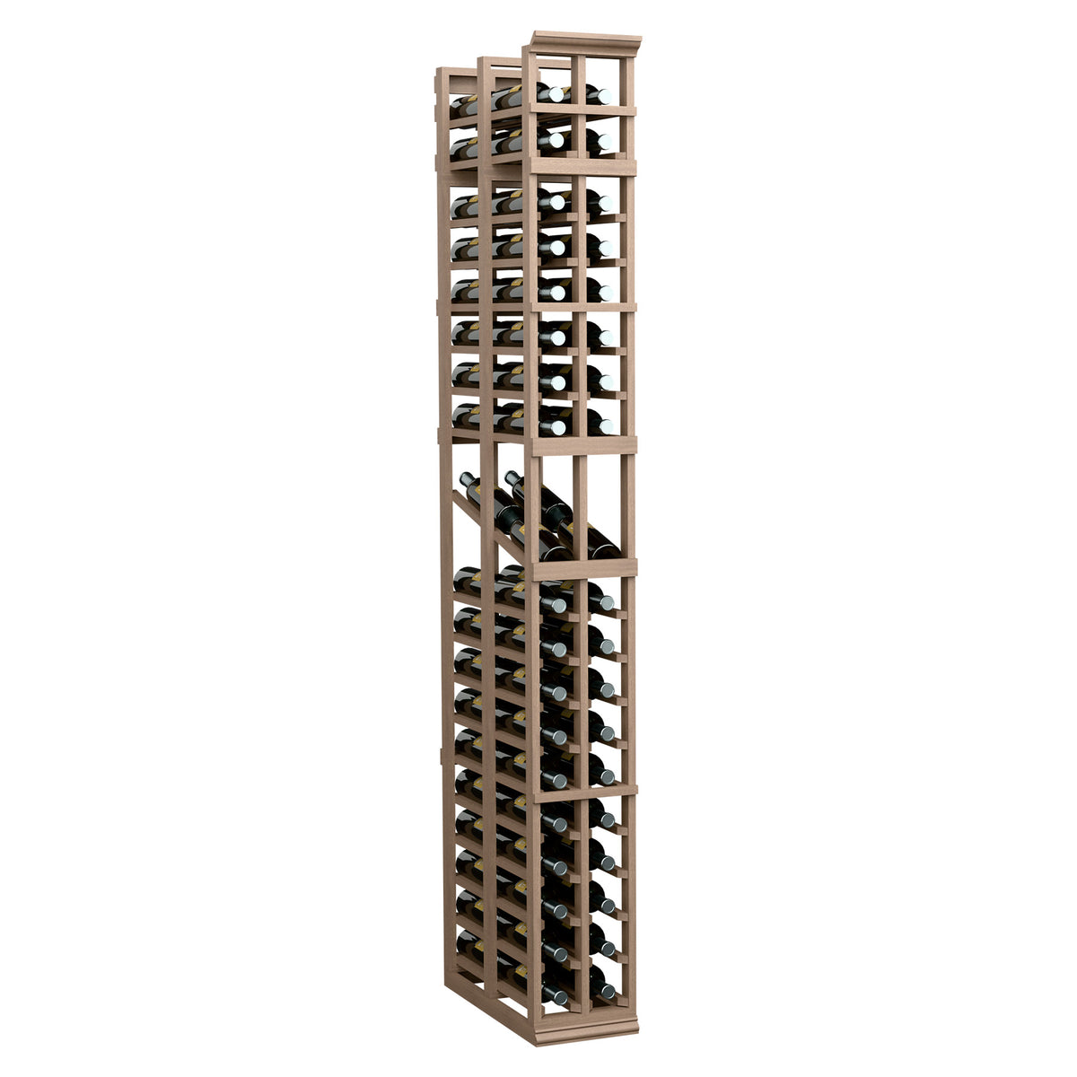 7-ft 2-column double-deep wine bottle display rack, light brown wood frame, open bottle storage