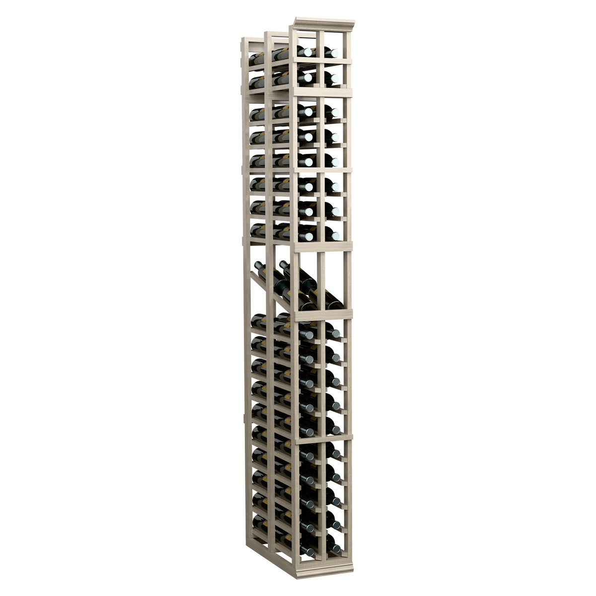 Tall two-column double-deep wine display rack with bottle slots, light wood frame