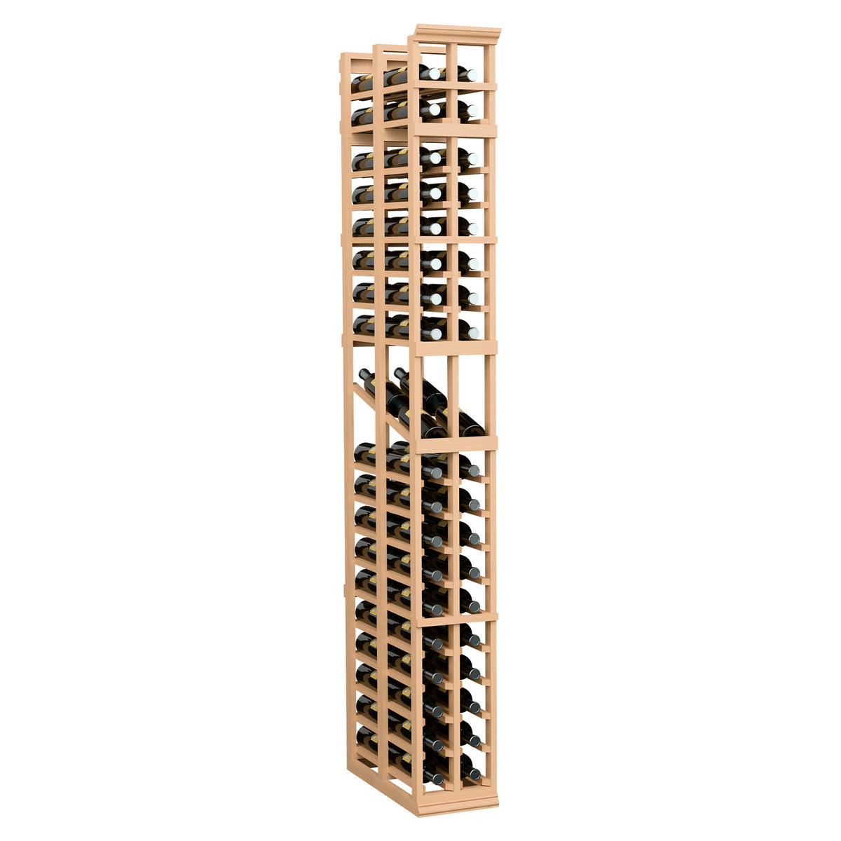 Tall two-column double-deep wine display rack with bottle slots, natural wood finish