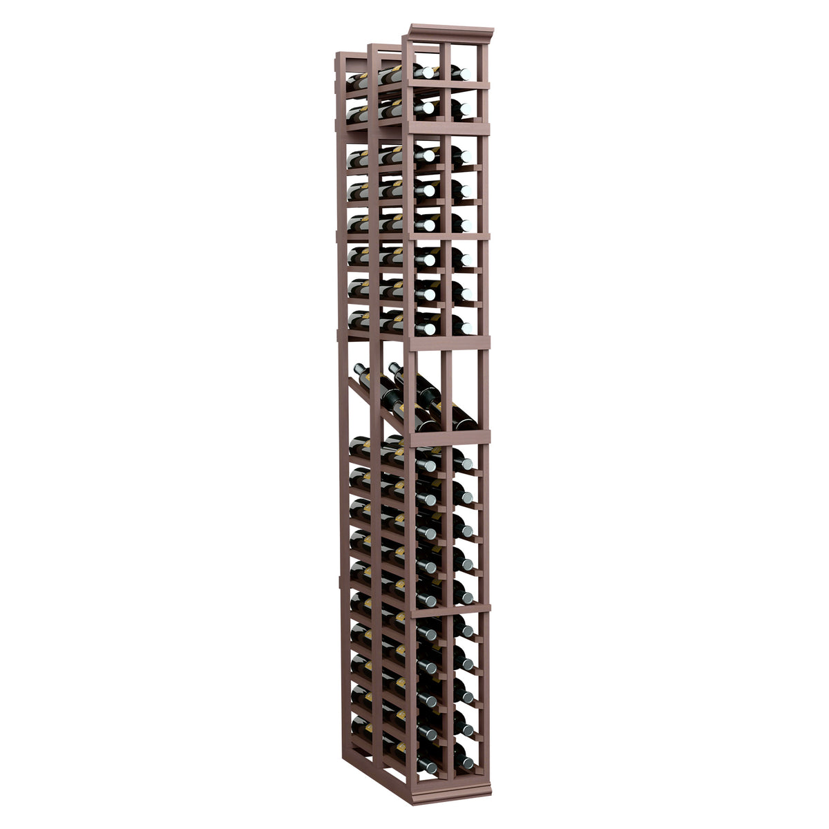Tall two-column double-deep wine display rack with bottle slots, dark wood finish
