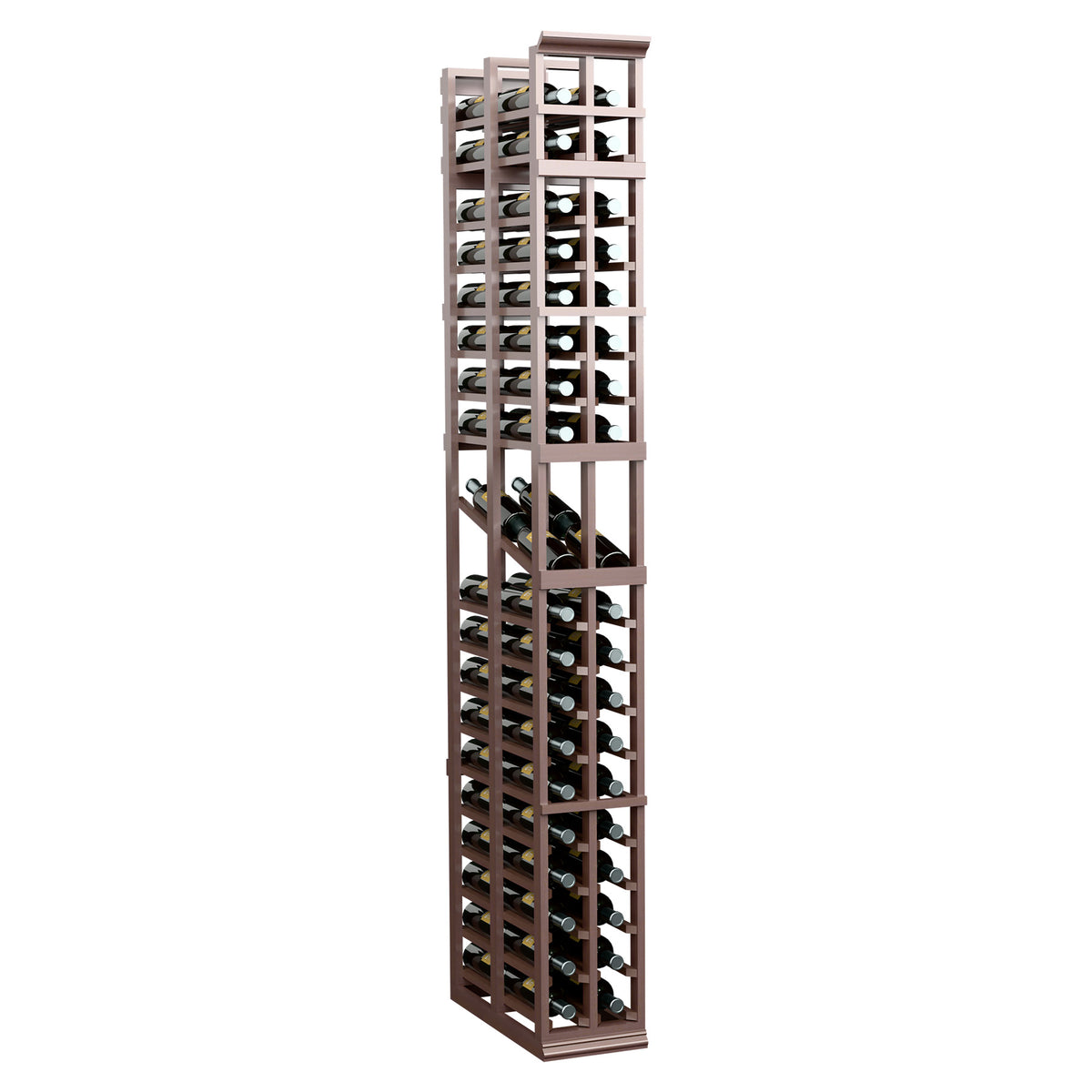 Tall two-column double-deep wine display rack with bottle slots, dark wood finish
