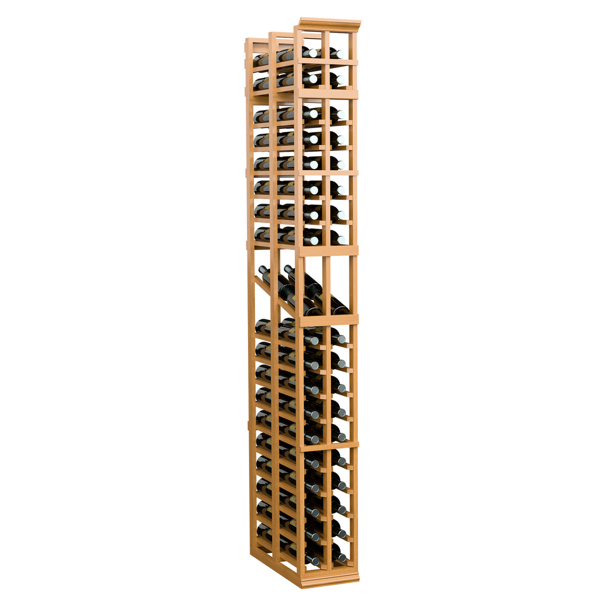 Tall two-column double-deep wine display rack with bottle slots, warm honey wood finish