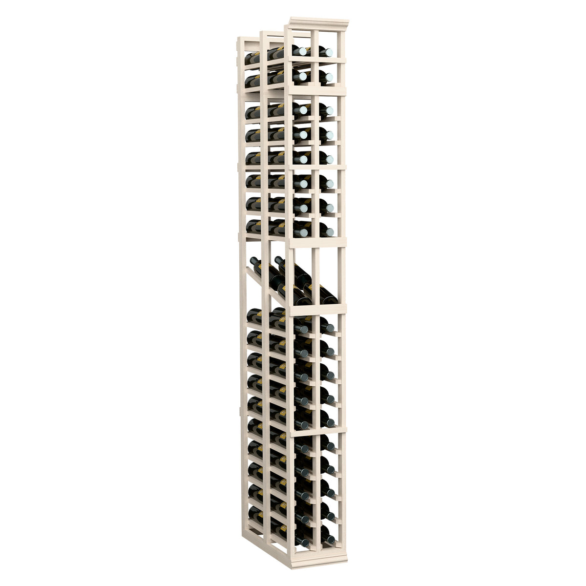 Tall two-column double-deep wine display rack with bottle slots, whitewashed wood frame