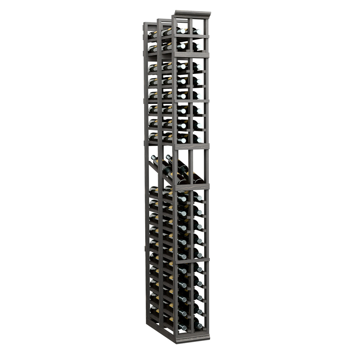 7ft 2-column double-deep display rack with dark metal frame and bottle slots