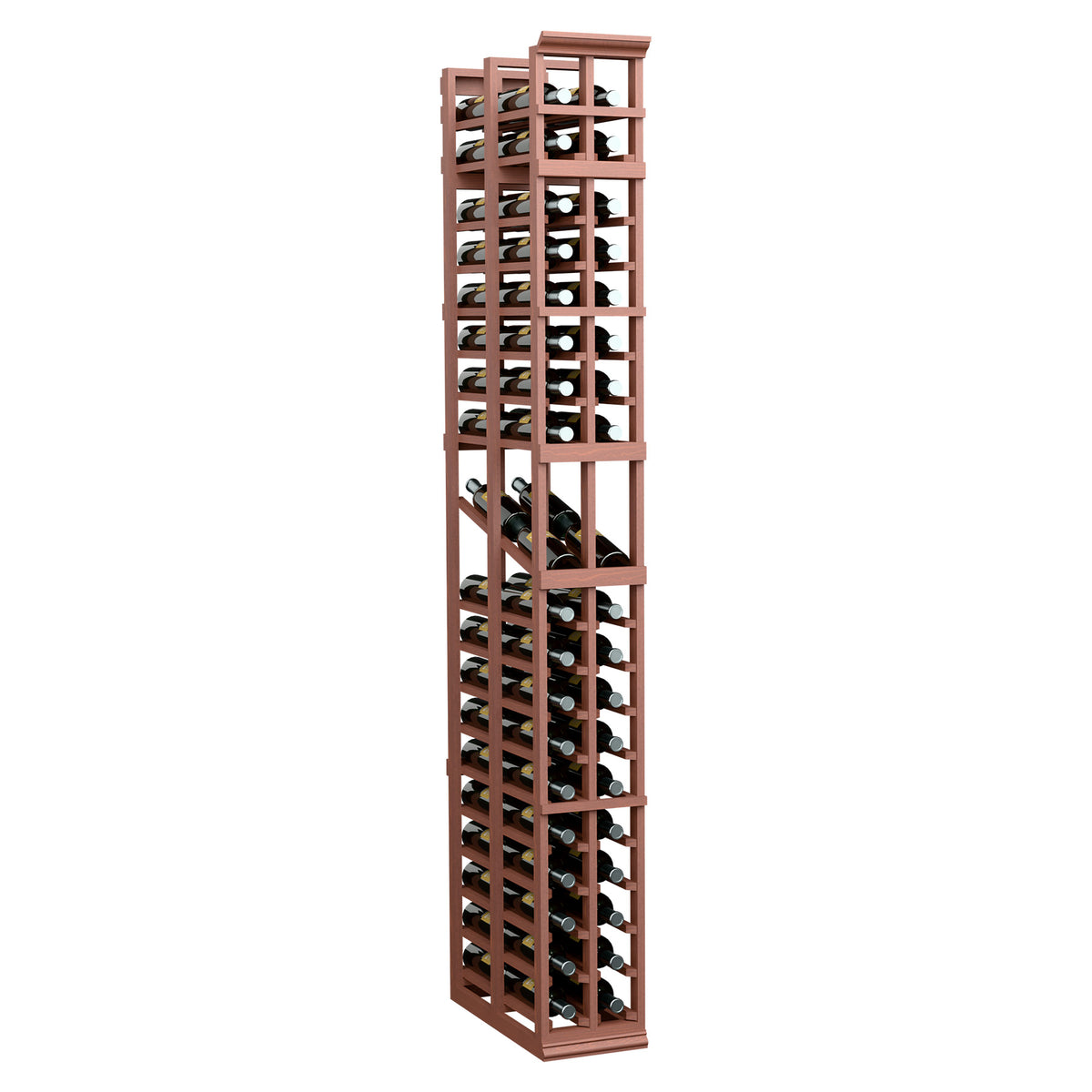 7ft 2-column double-deep display rack with reddish wood frame and bottle slots