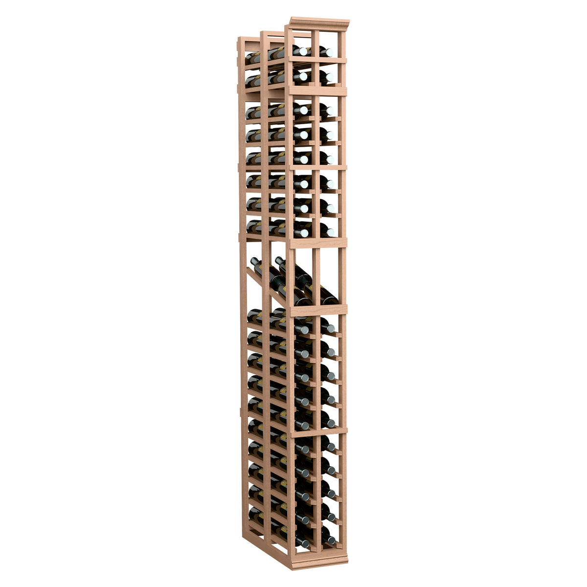 7ft 2-column double-deep display rack with tan wood frame and bottle slots