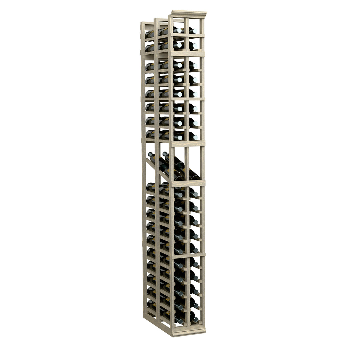Light wood wine bottle display rack, two-column double-deep, tall open frame