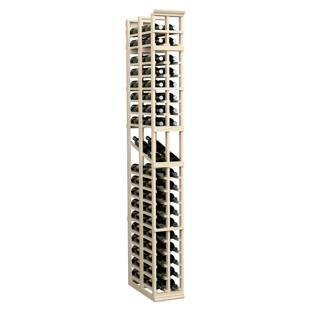 Light wood wine bottle display rack, two-column double-deep with multiple bottle channels