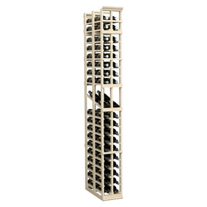 Light wood wine bottle display rack, two-column double-deep with multiple bottle channels