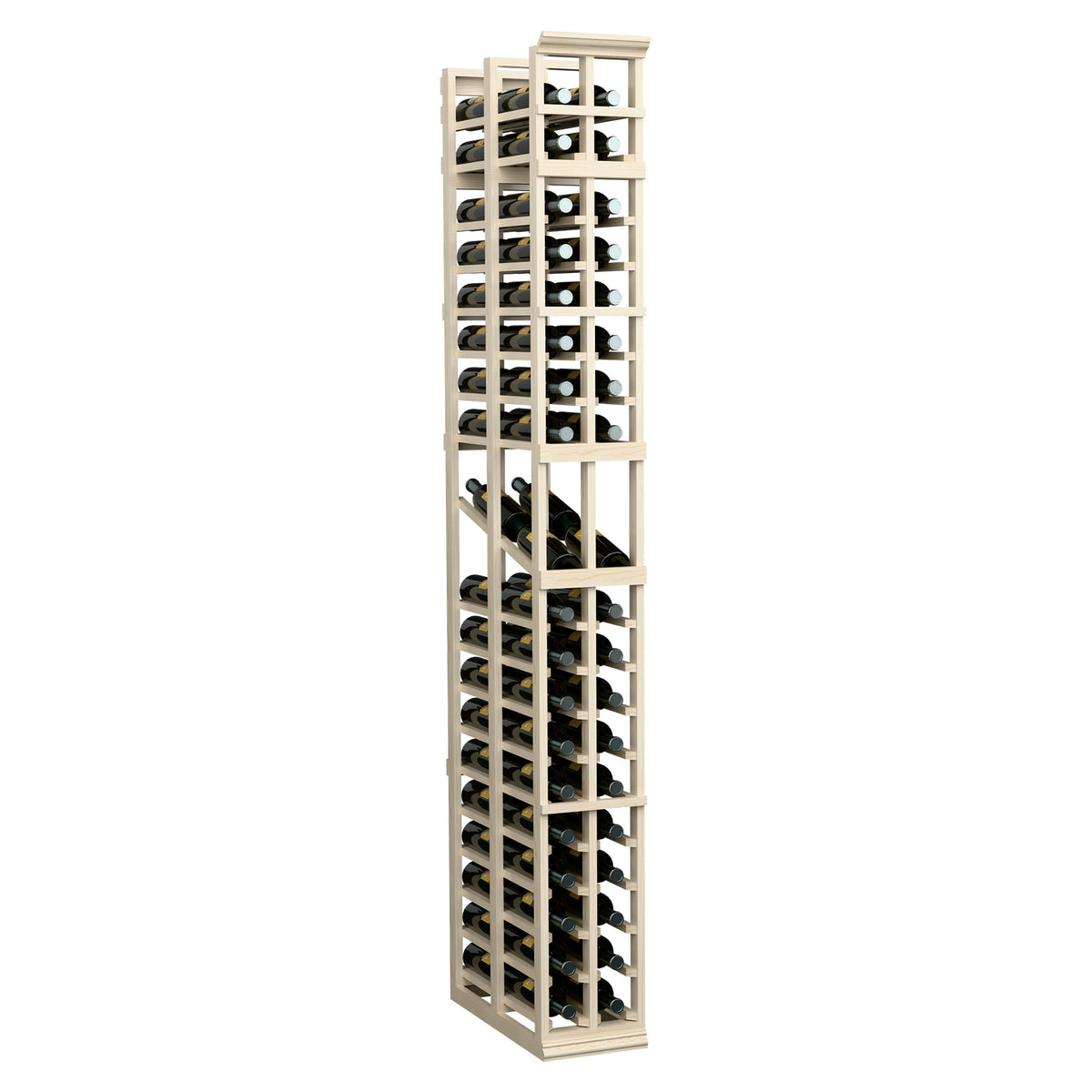 Tall light wood wine bottle rack with two columns and double-deep open shelving