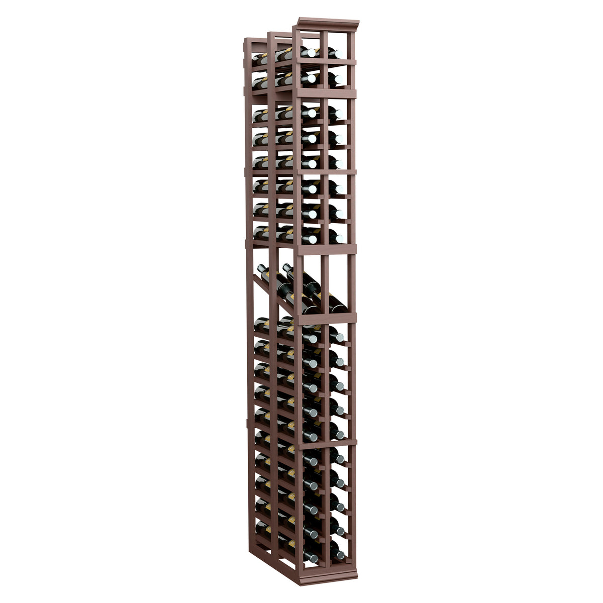 Dark wood wine bottle display rack, two-column double-deep, open frame