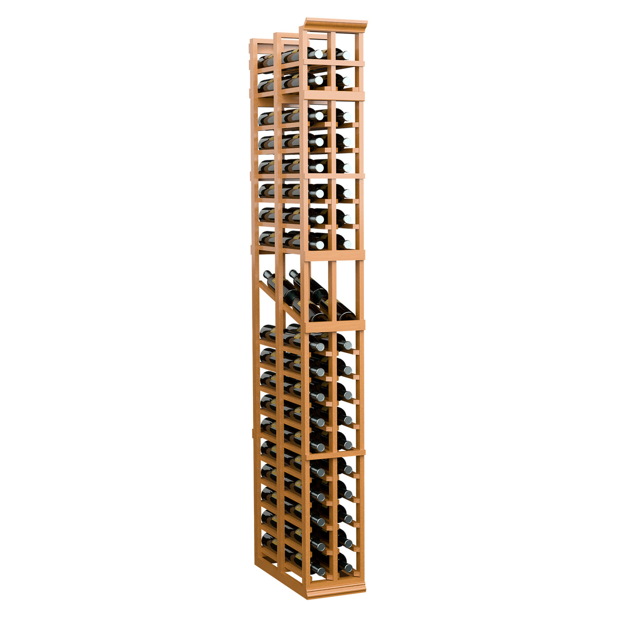 Warm wood wine bottle rack with two columns and double-deep horizontal slots
