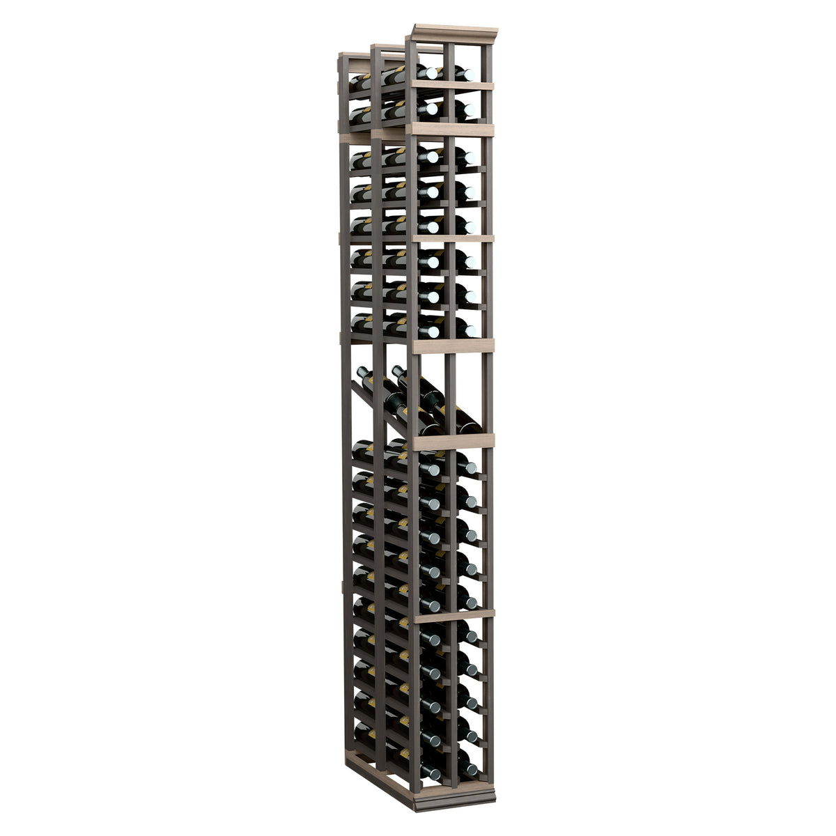 Dark two-column wine display rack with double-deep slat shelves and grid frame