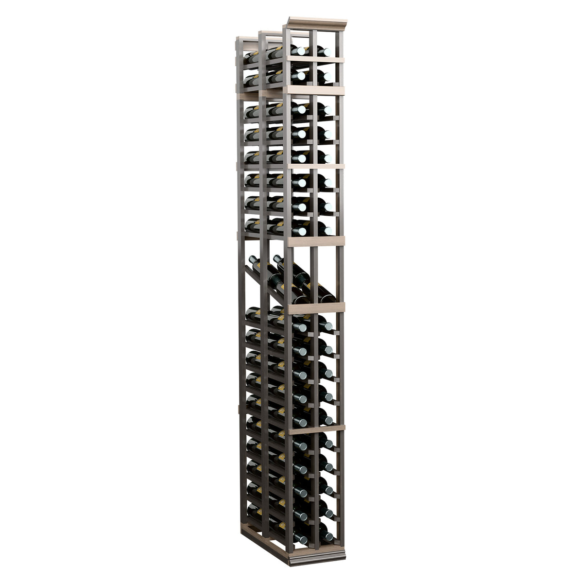 Light gray two-column wine display rack with double-deep slat shelves and grid frame