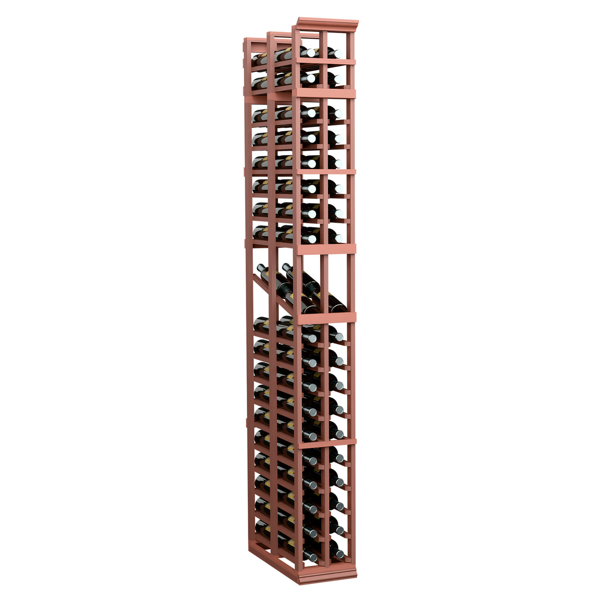 Reddish-brown two-column wine display rack with double-deep slat shelves and grid frame