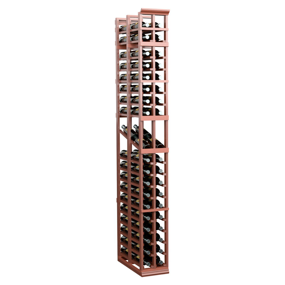Warm brown two-column wine display rack with double-deep slat shelves and grid frame