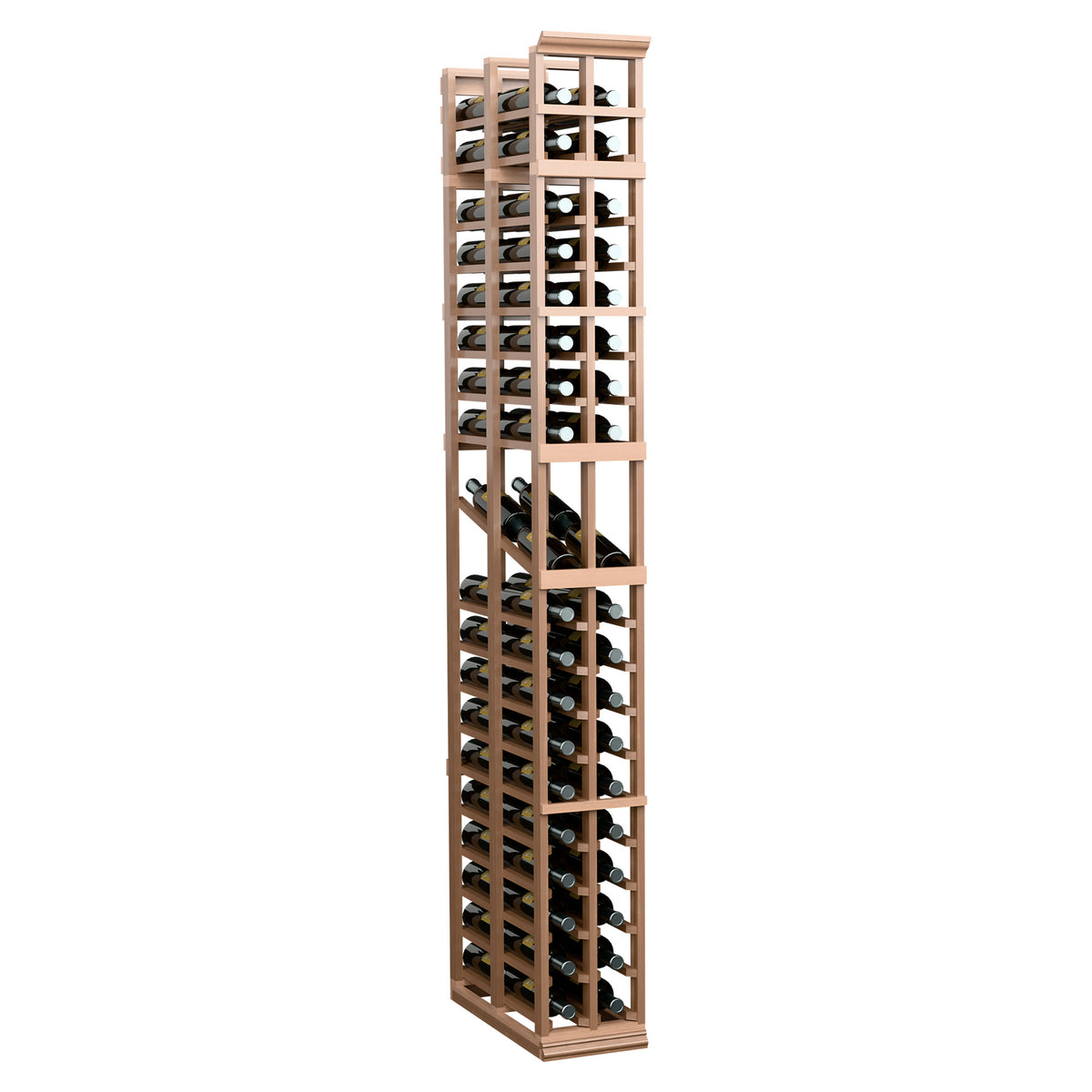 Light natural wood two-column wine display rack with double-deep slat shelves and grid frame