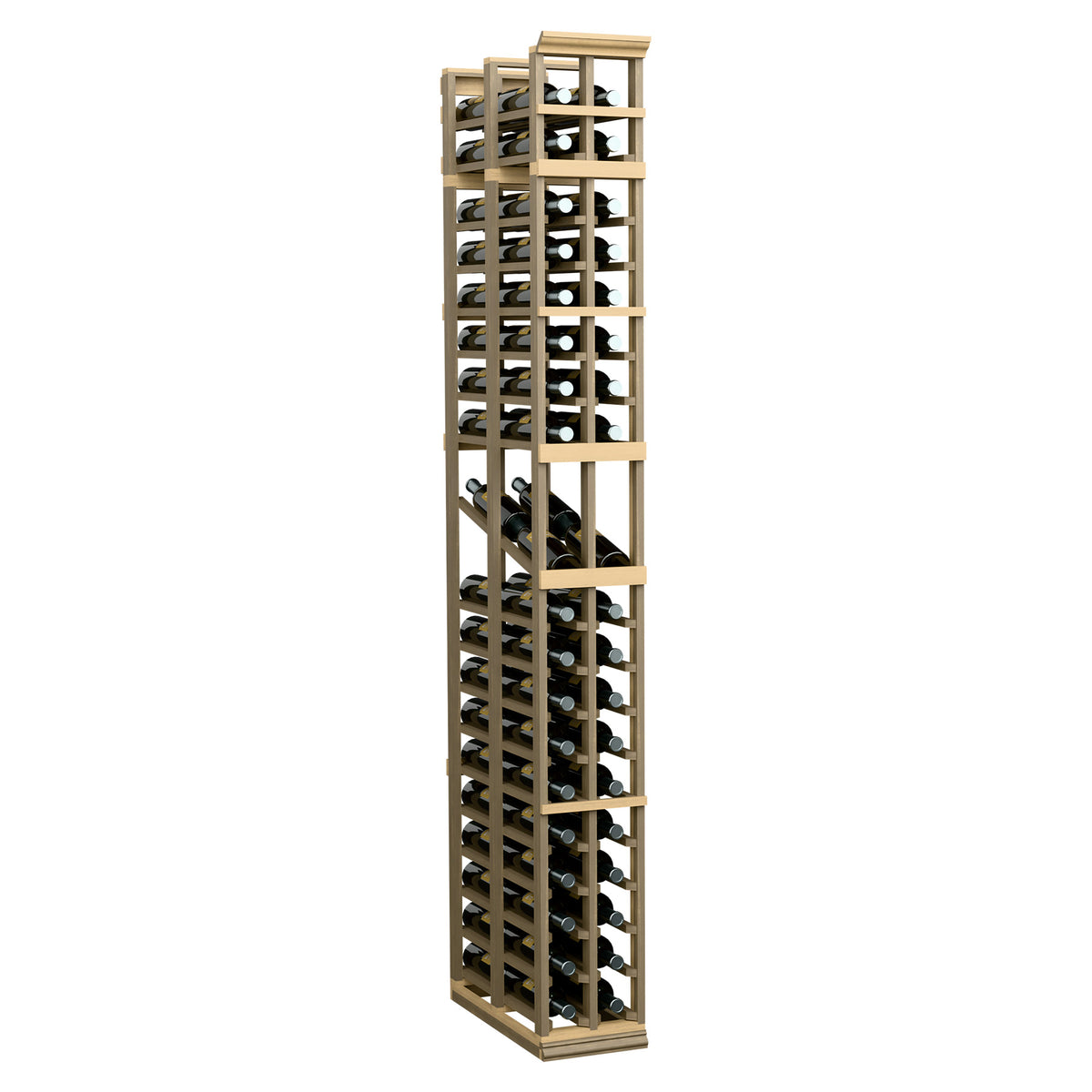 Pale wood two-column wine display rack with double-deep slat shelves and grid frame