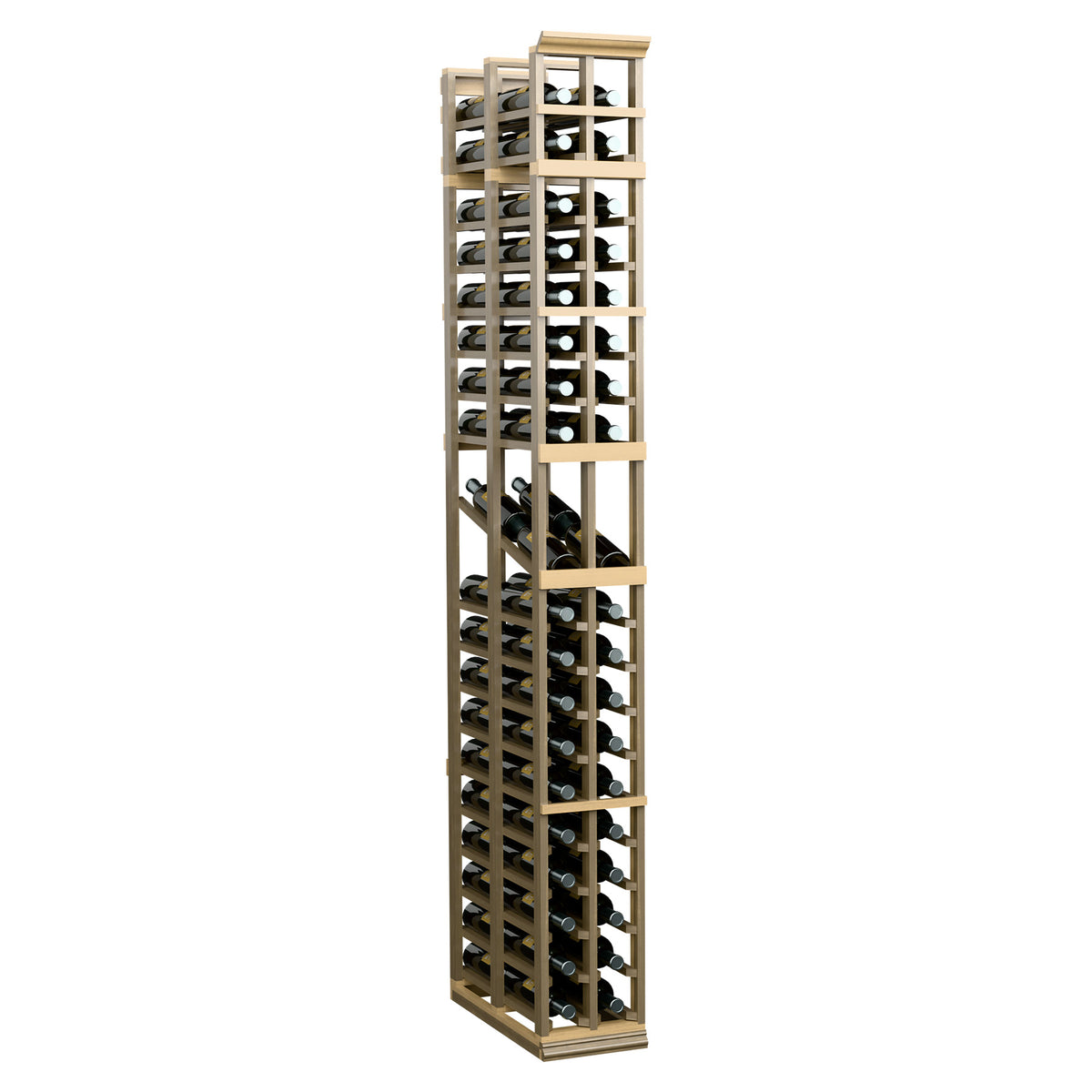 Beige wood two-column wine display rack with double-deep slat shelves and grid frame