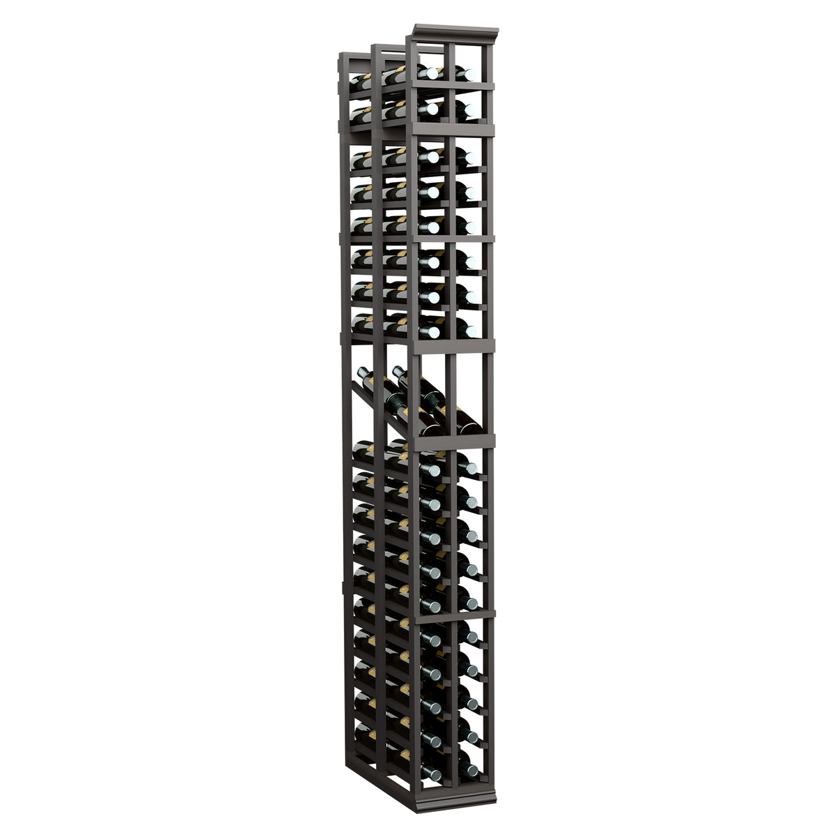 Black two-column wine display rack with double-deep slat shelves and grid frame