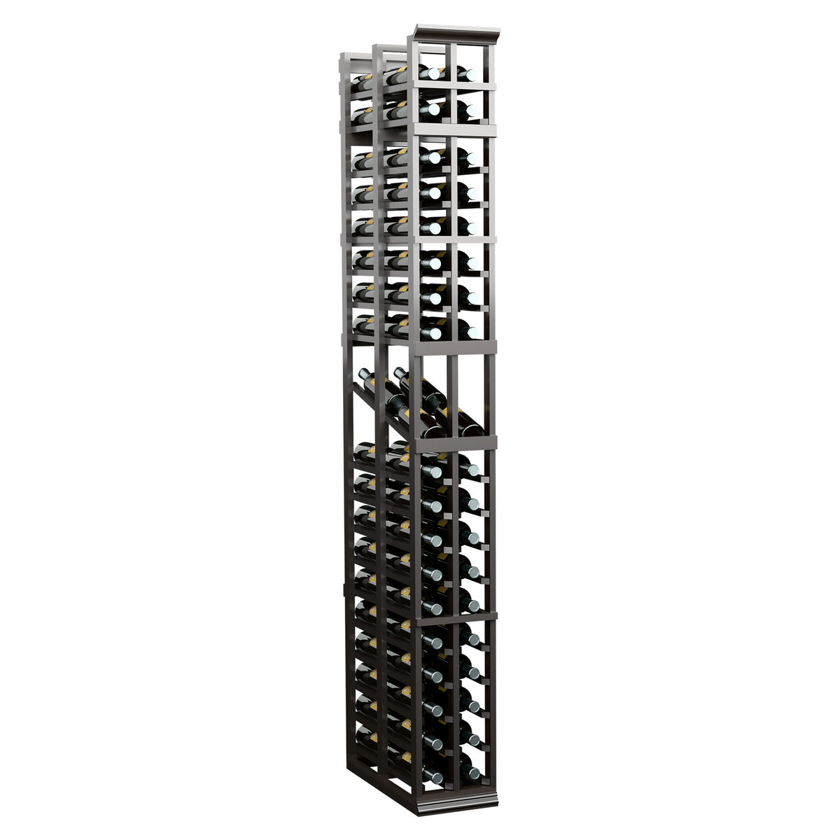 Whitewashed two-column wine display rack with double-deep slat shelves and grid frame