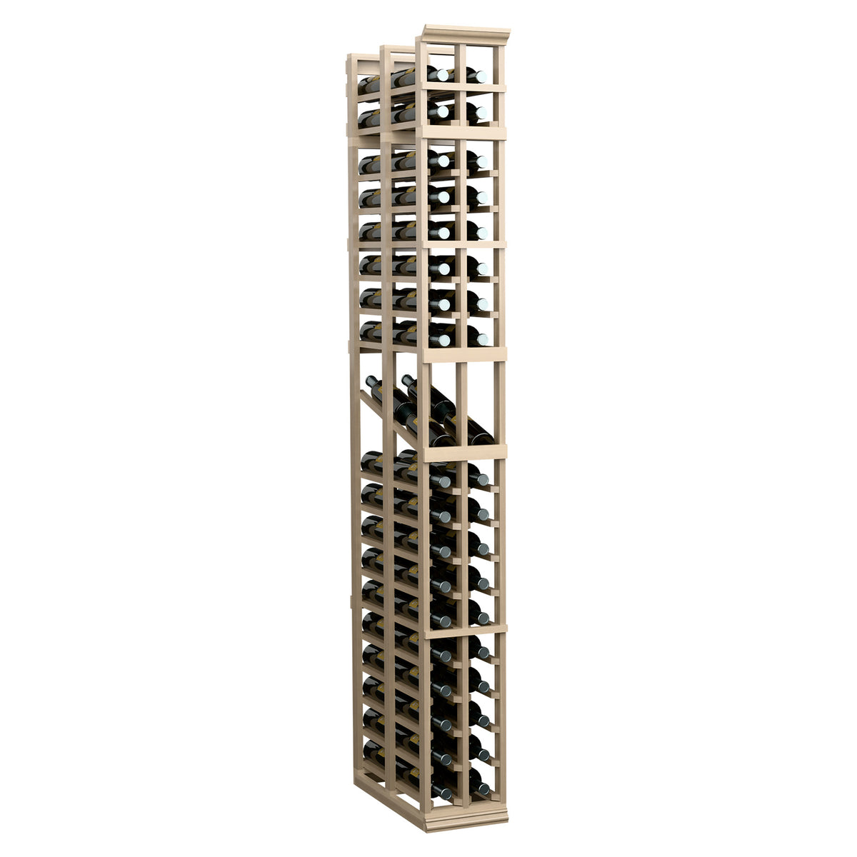 Front view wine bottle storage rack with grid shelves, natural wood