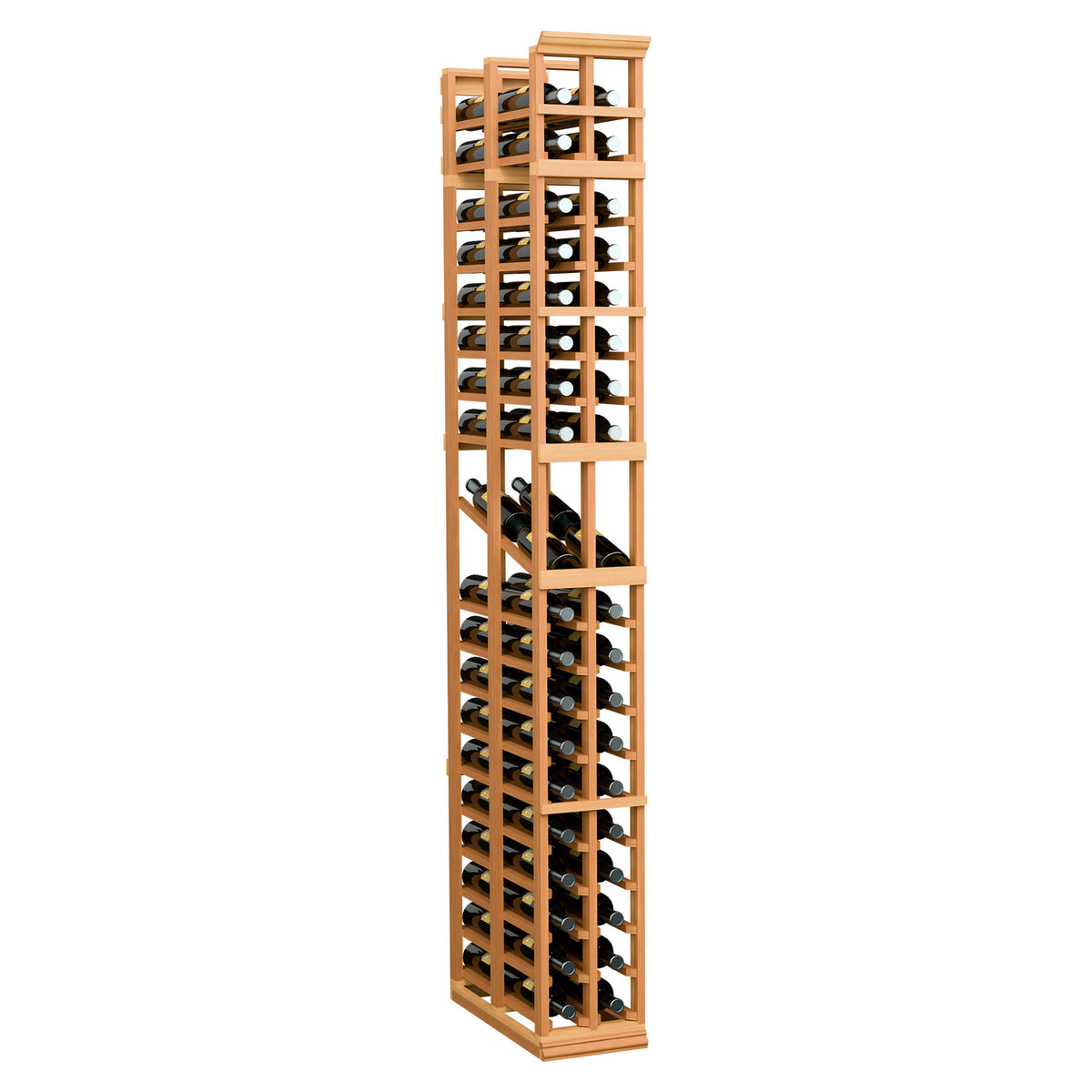 2-column double-deep wine rack with wine bottles, warm honey wood frame
