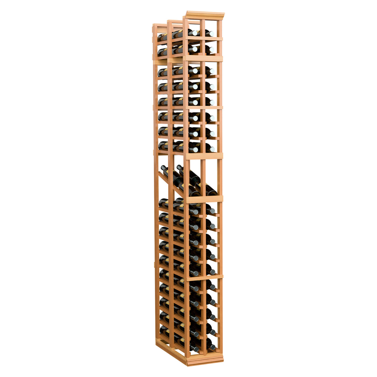 Front view wine display rack with bottle cells, warm wood tone