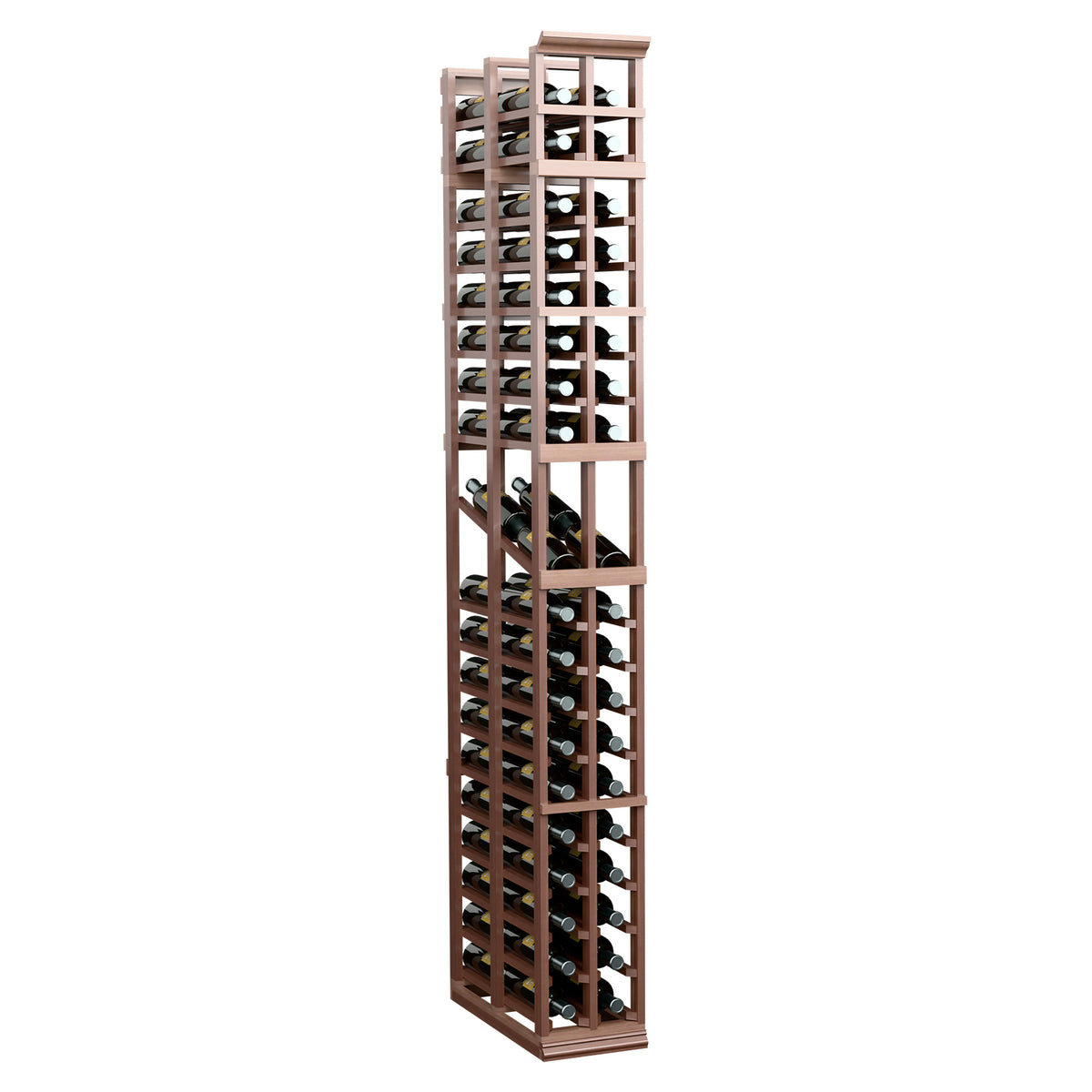 Wine storage rack with bottle cubbies and dark brown wood frame