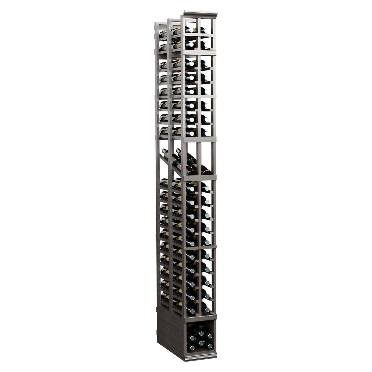 Dark gray double-deep 2-column wine display rack with open slat shelves