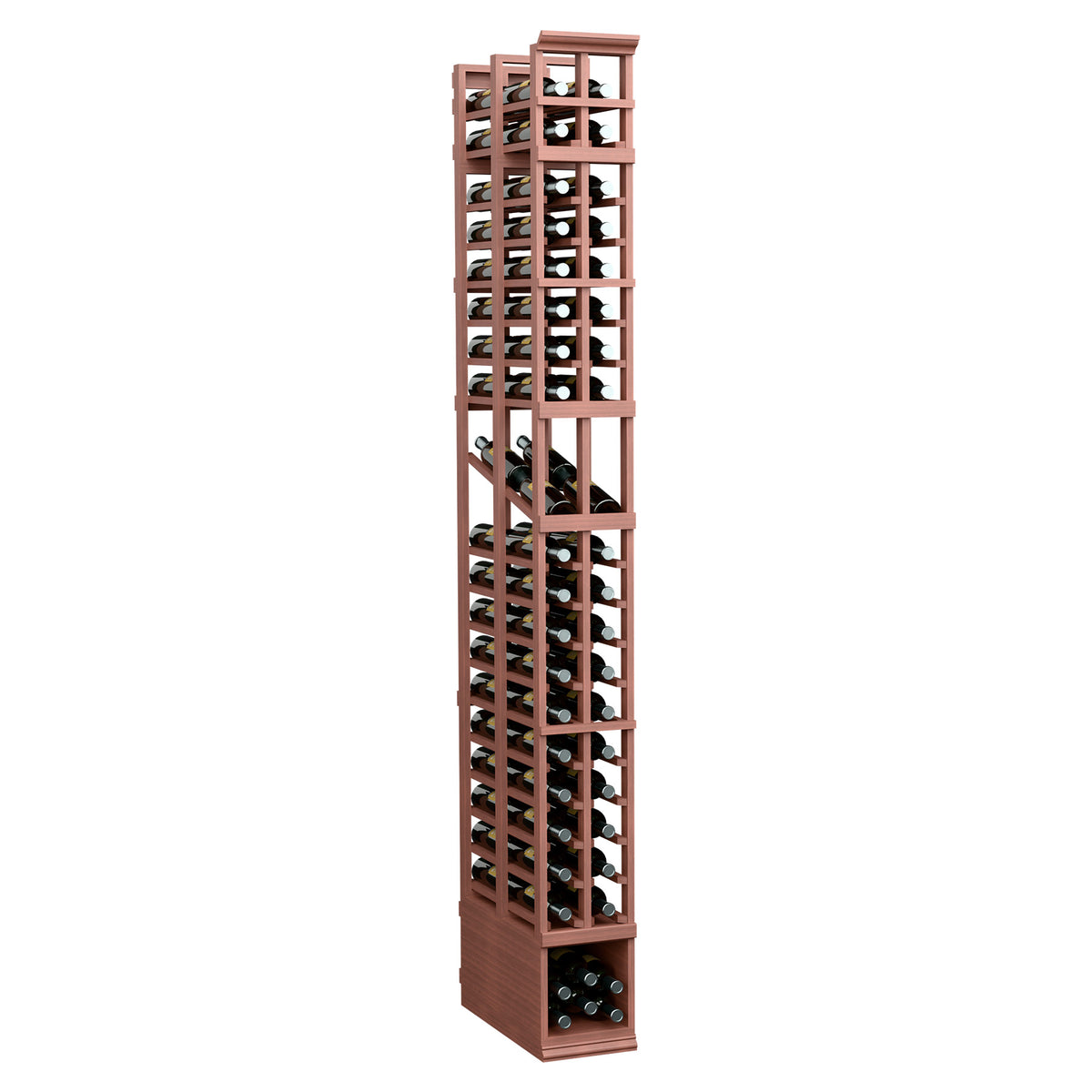 Red-brown double-deep 2-column wine display rack with open slat frame