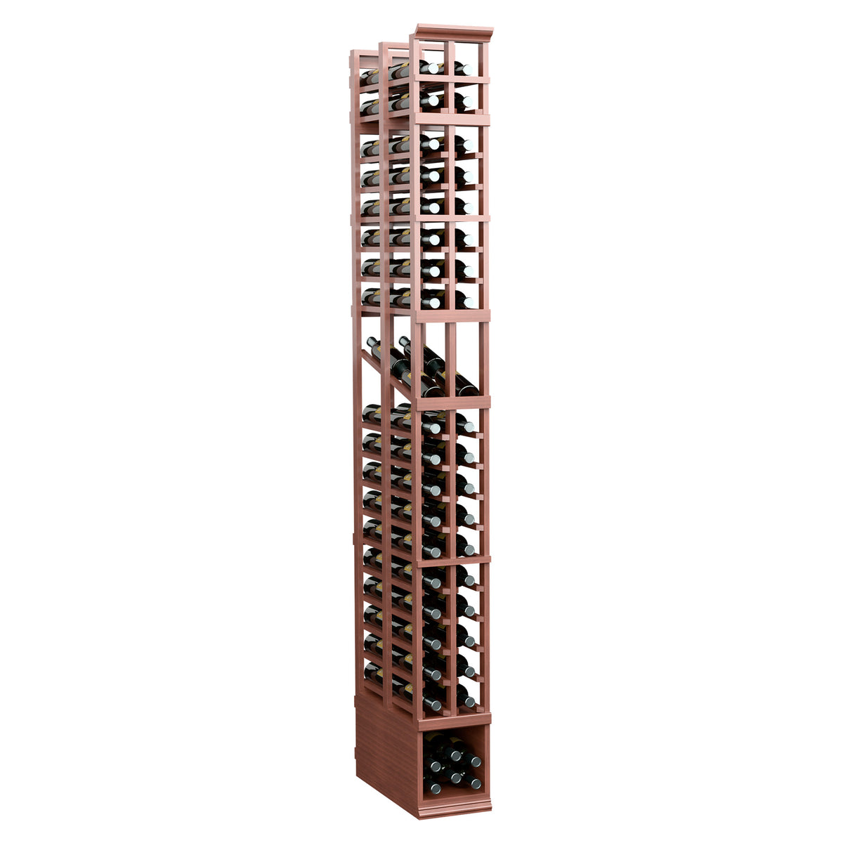 Warm reddish wood double-deep 2-column wine display rack, open slats