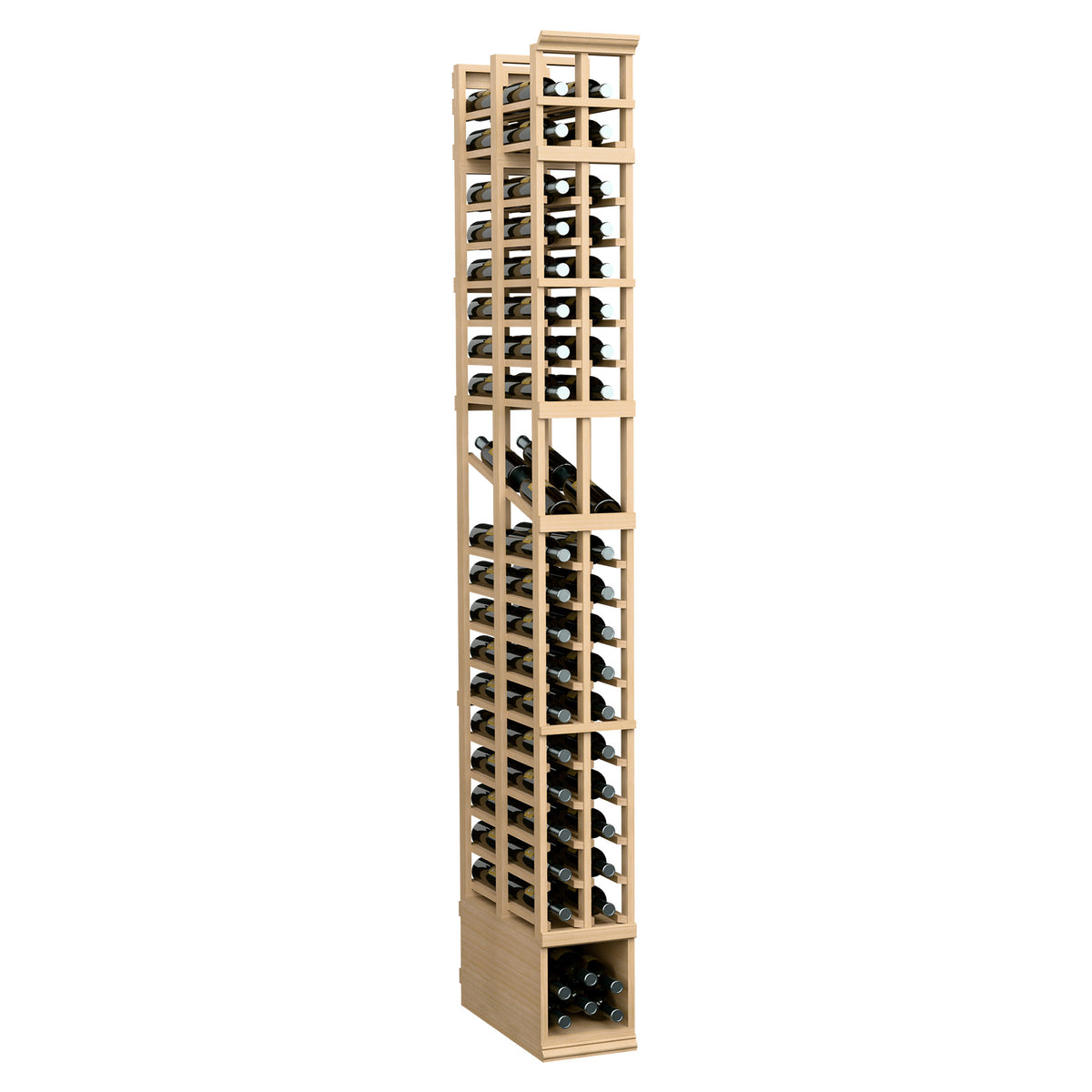 Light wood double-deep 2-column wine display rack with open slat frame