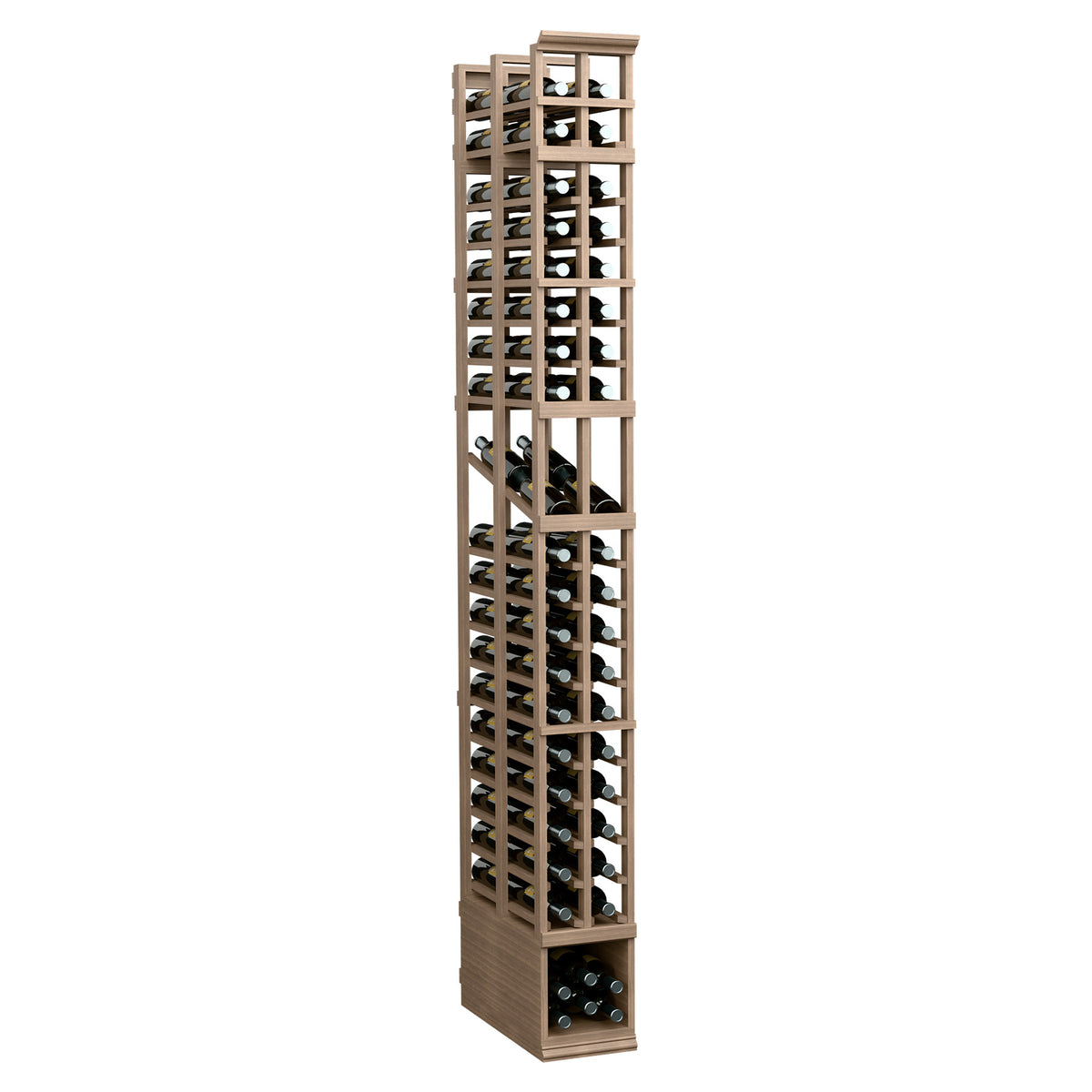 Light tan double-deep 2-column wine display rack with open slat shelves