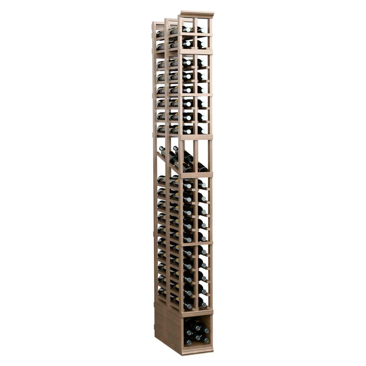 Medium light wood double-deep 2-column wine display rack, open slat frame