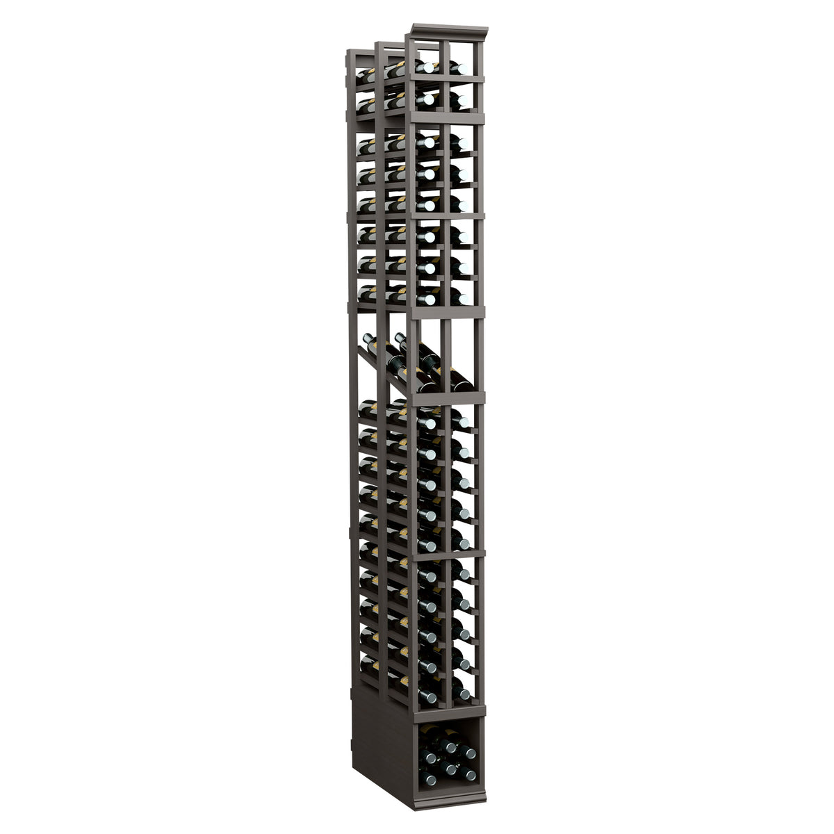 Charcoal-toned double-deep 2-column wine display rack with open slat shelves