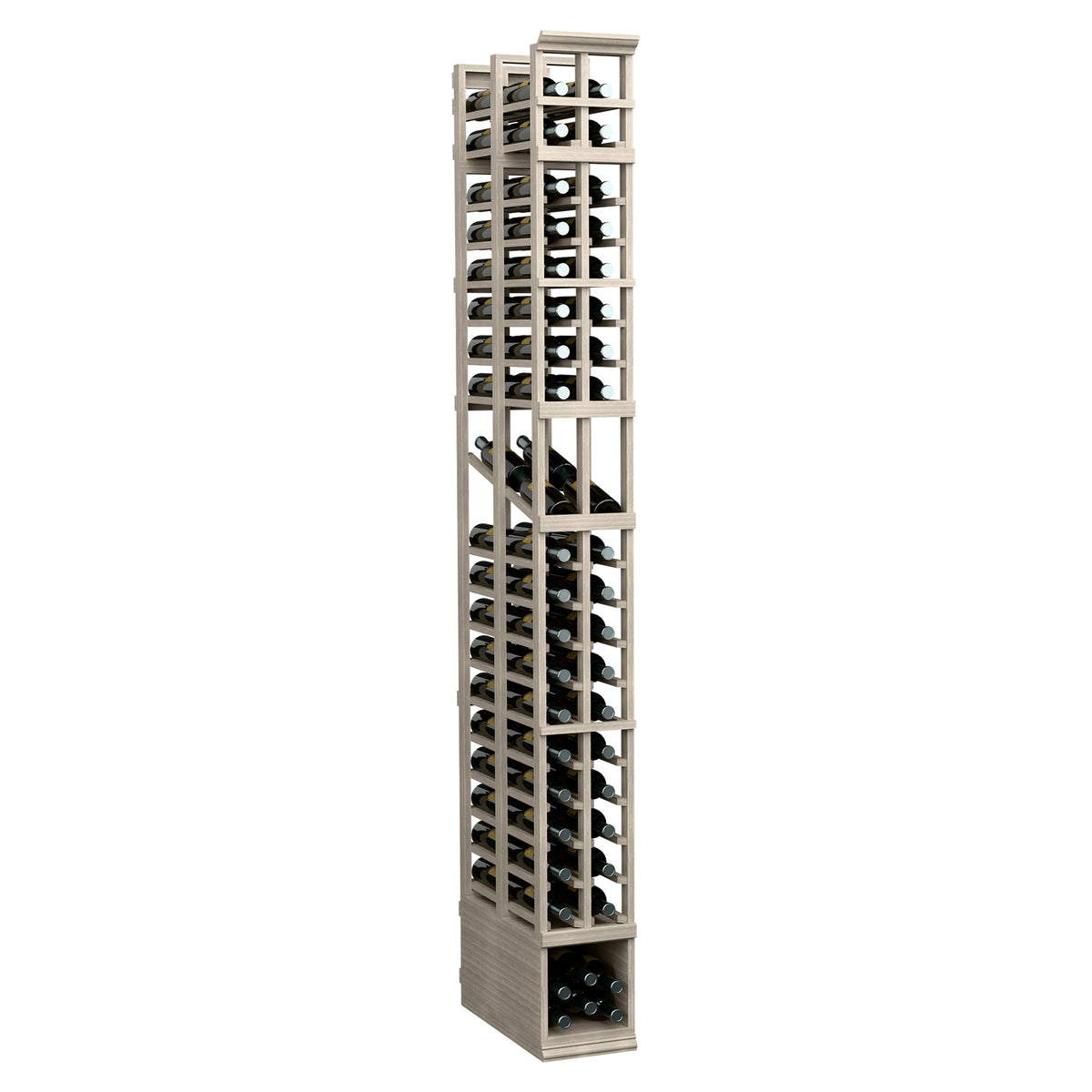 Light grey stained tall wine bottle display rack with two columns and double-deep slots.