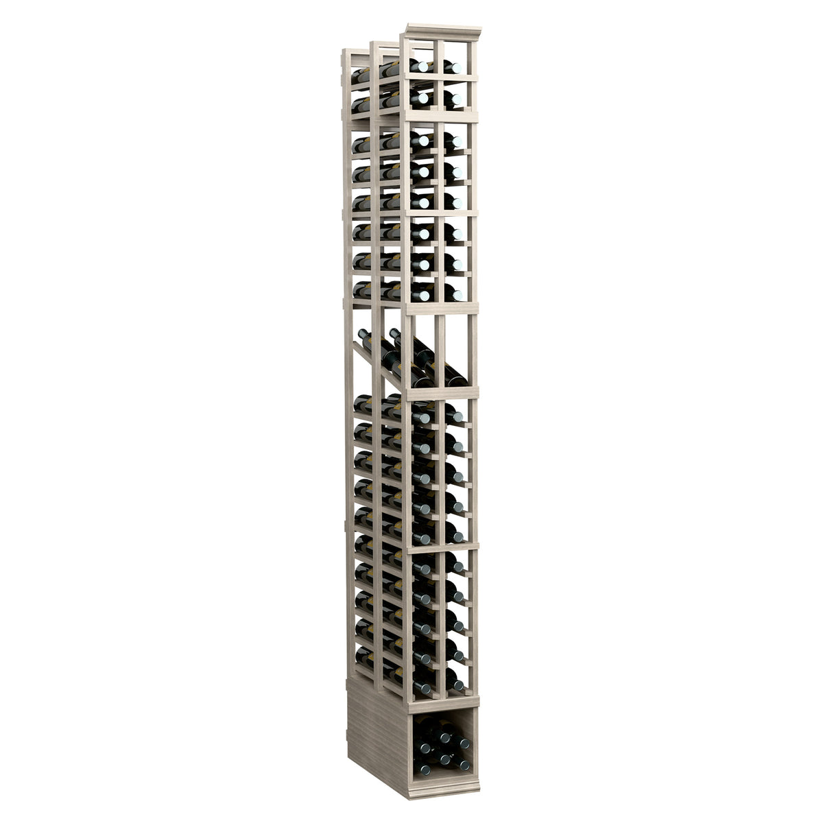 Natural light tall wine bottle display rack with two columns and double-deep slots.