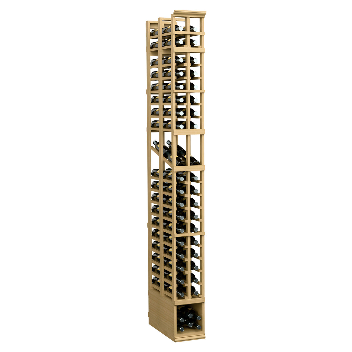 Light tan stained tall wine bottle display rack with two columns and double-deep slots.