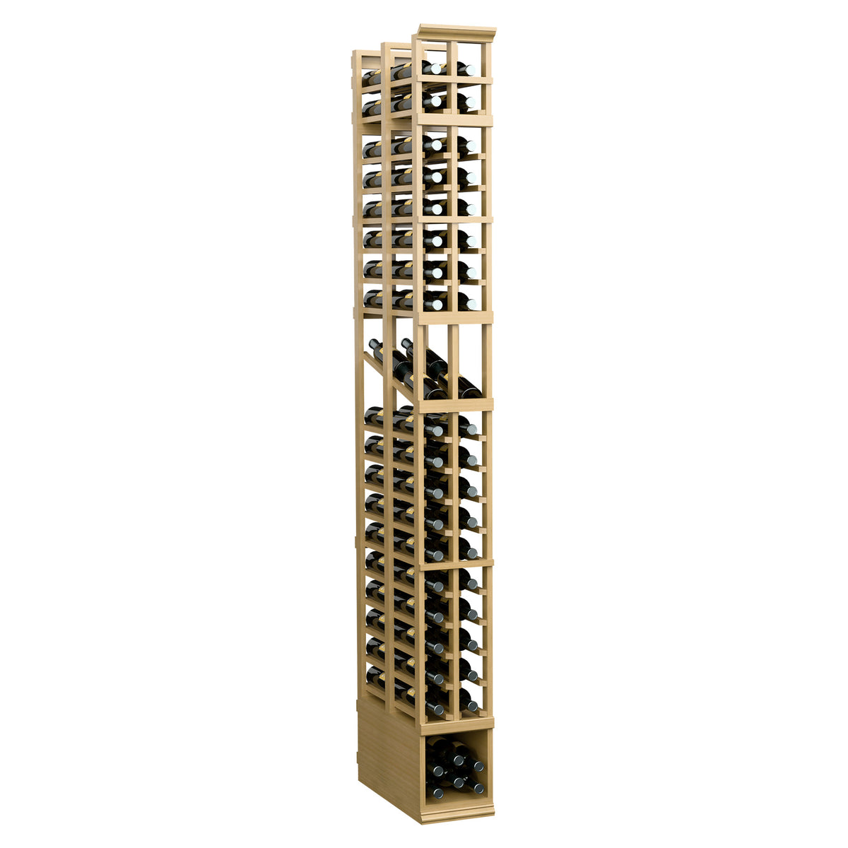 Honey-colored tall wine bottle display rack with two columns and double-deep slots.