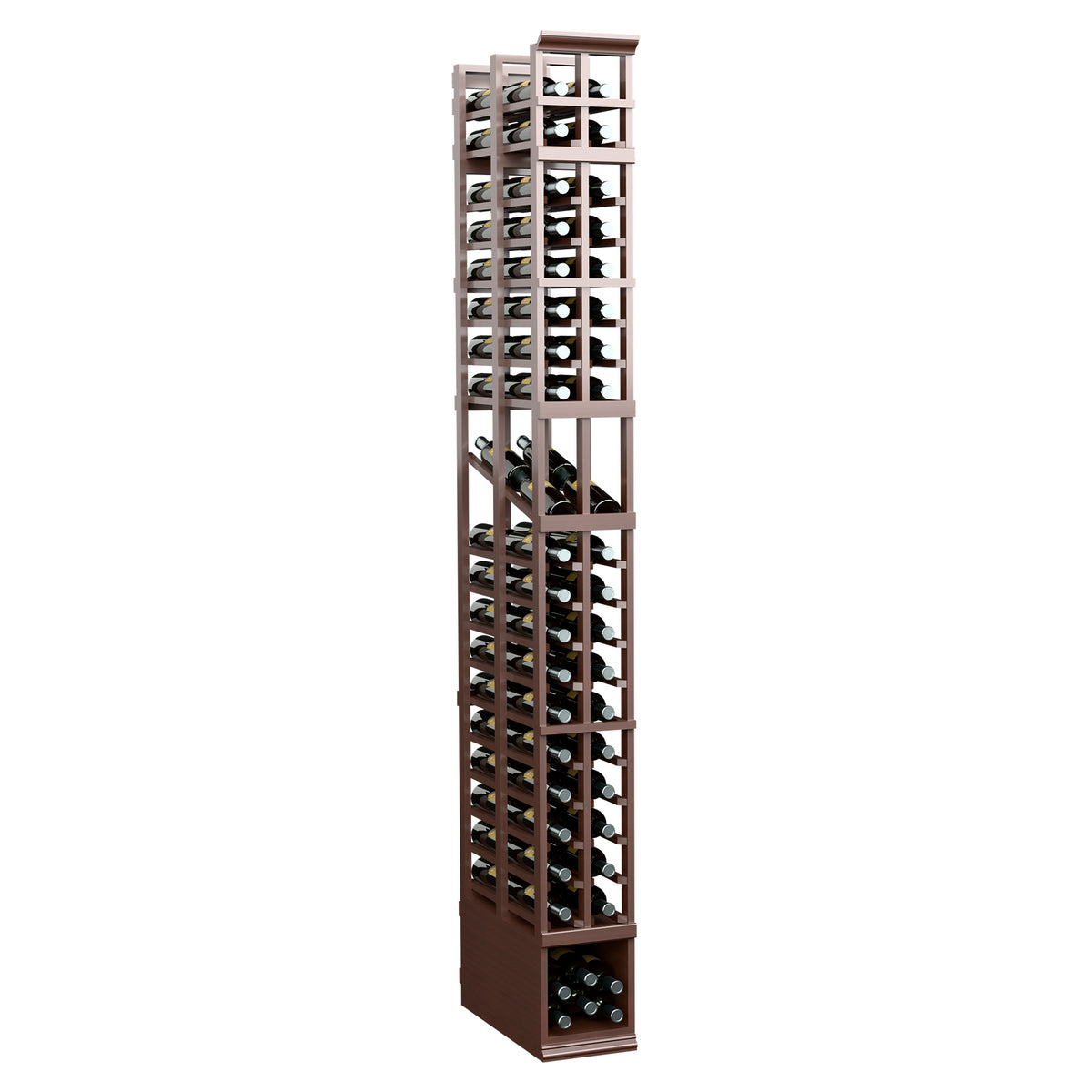 Dark wood double-deep 2-column wine display rack, open slat frame