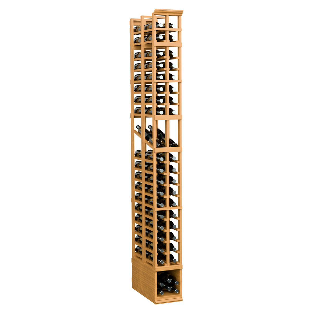 Light golden tall wine bottle display rack with two columns and double-deep slots.