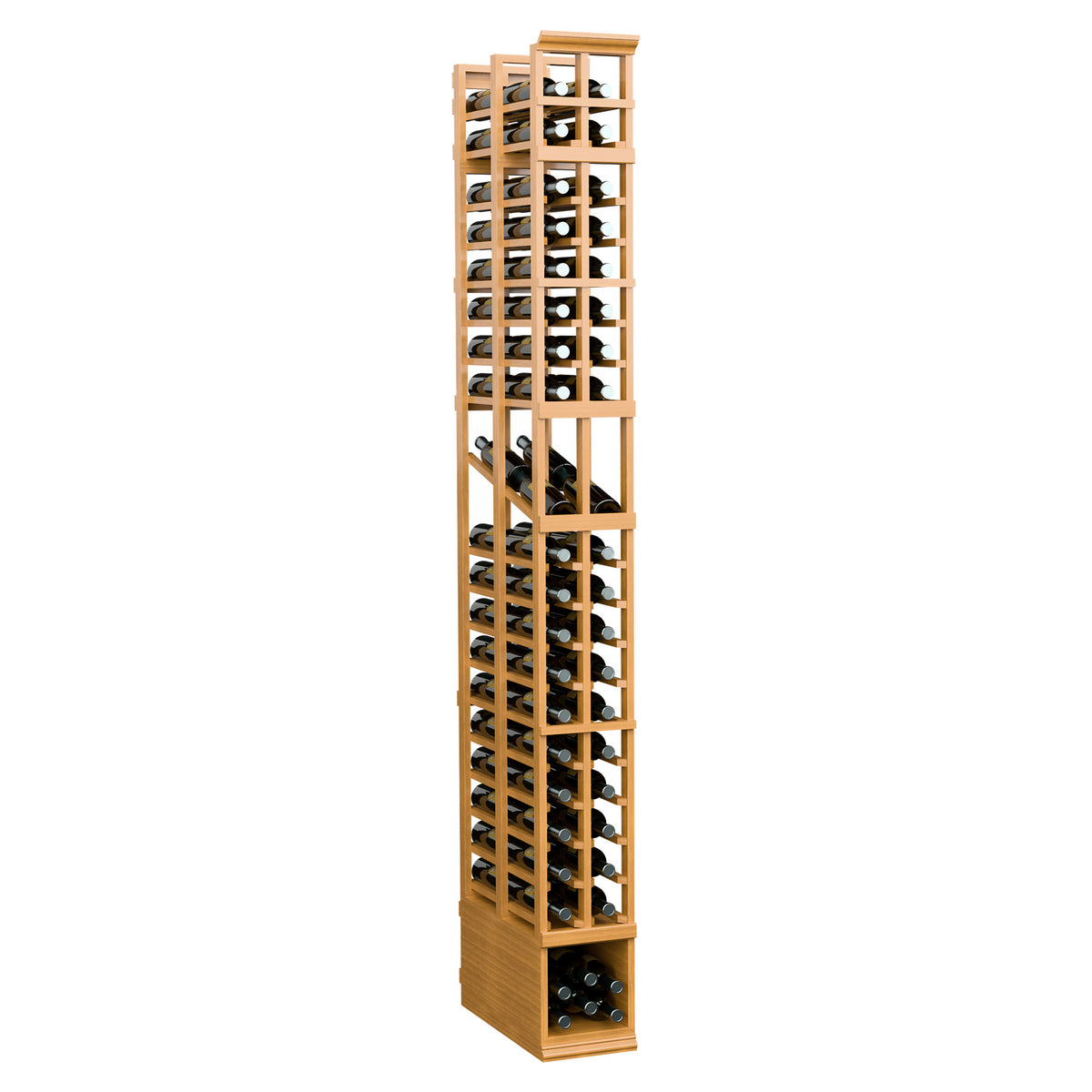 Warm light wood tall wine bottle display rack with two columns and double-deep slots.