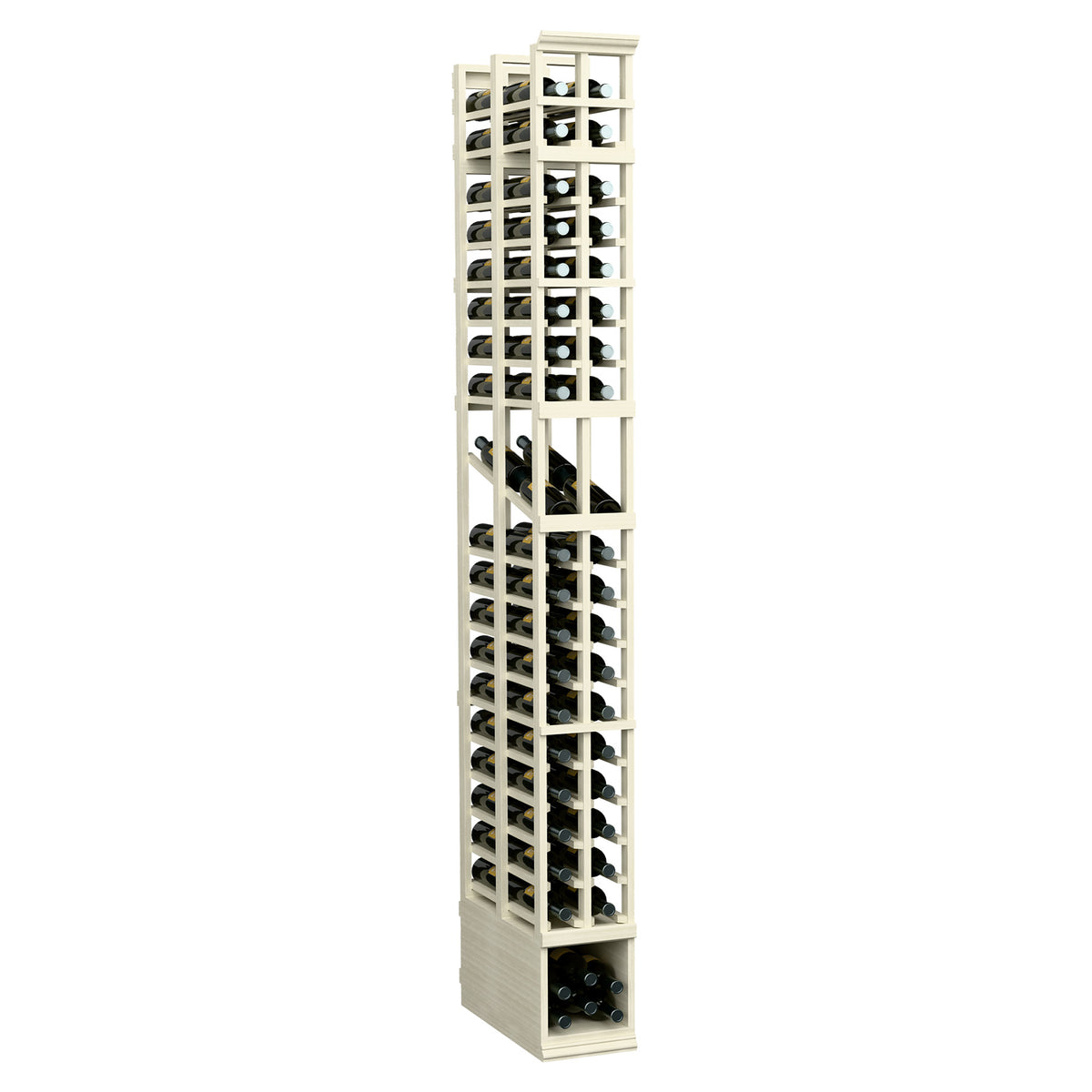 Whitewashed tall wine bottle display rack with two columns and double-deep slots.