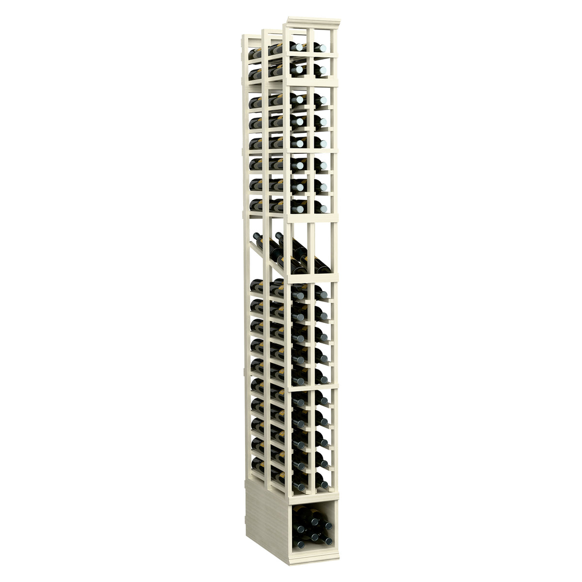 Off-white tall wine bottle display rack with two columns and double-deep slots.