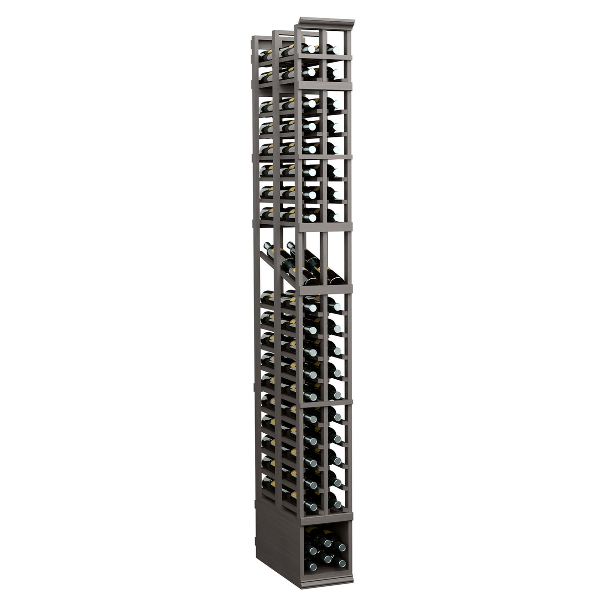 Dark gray wine display rack with two columns of double-deep bottle slots