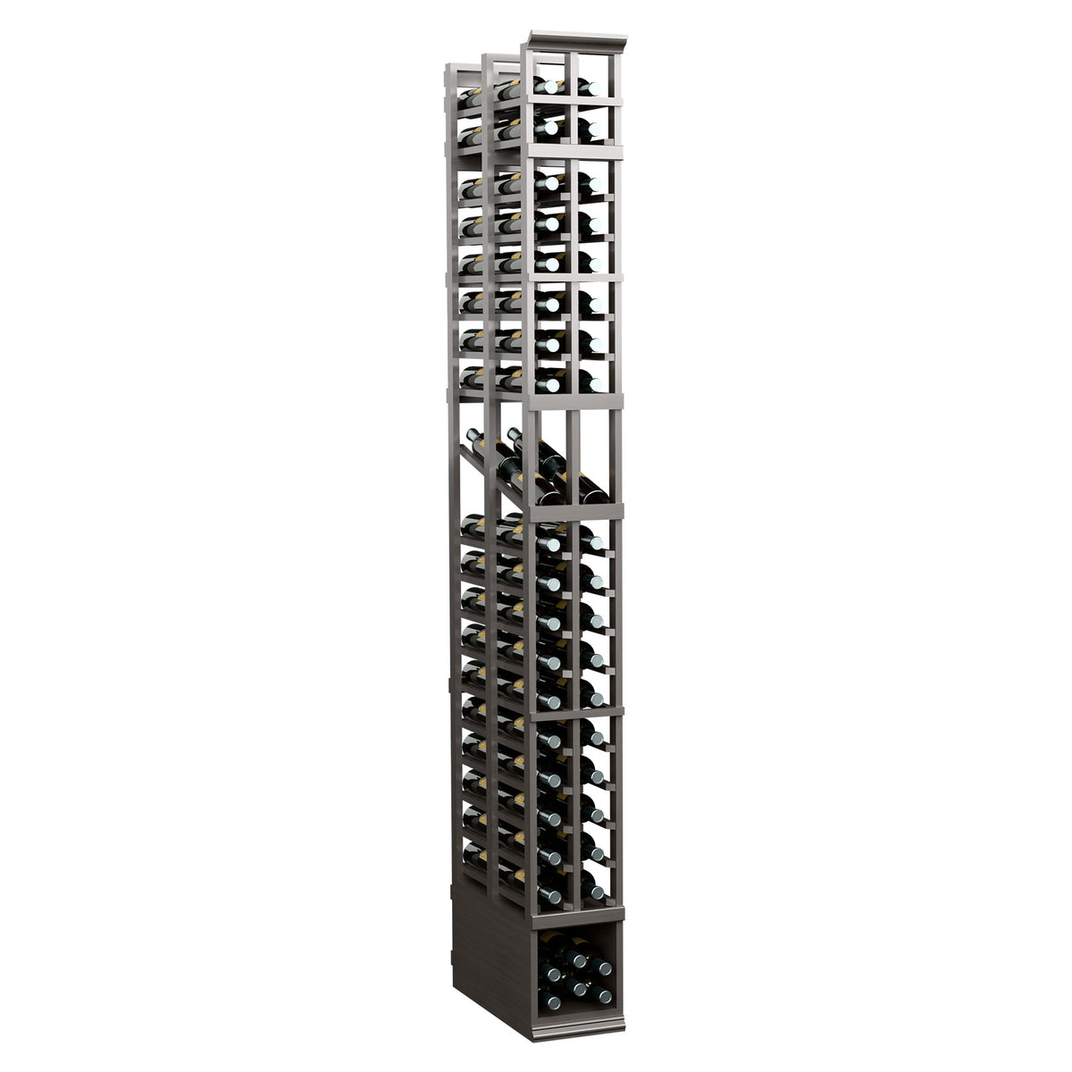 Dark gray tall wine rack with two-column double-deep shelving for bottles