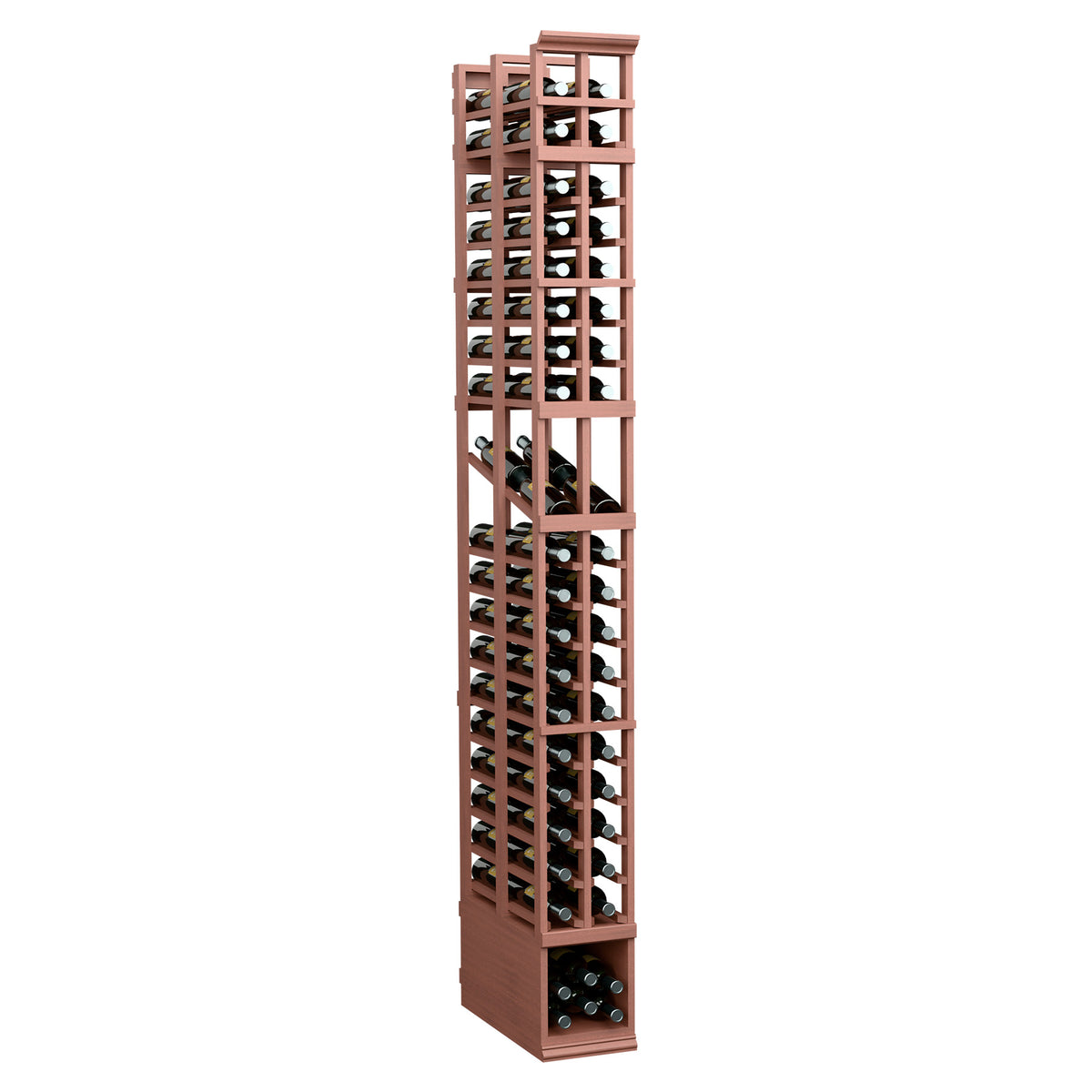 Red-brown wine display rack with two columns of double-deep bottle slots