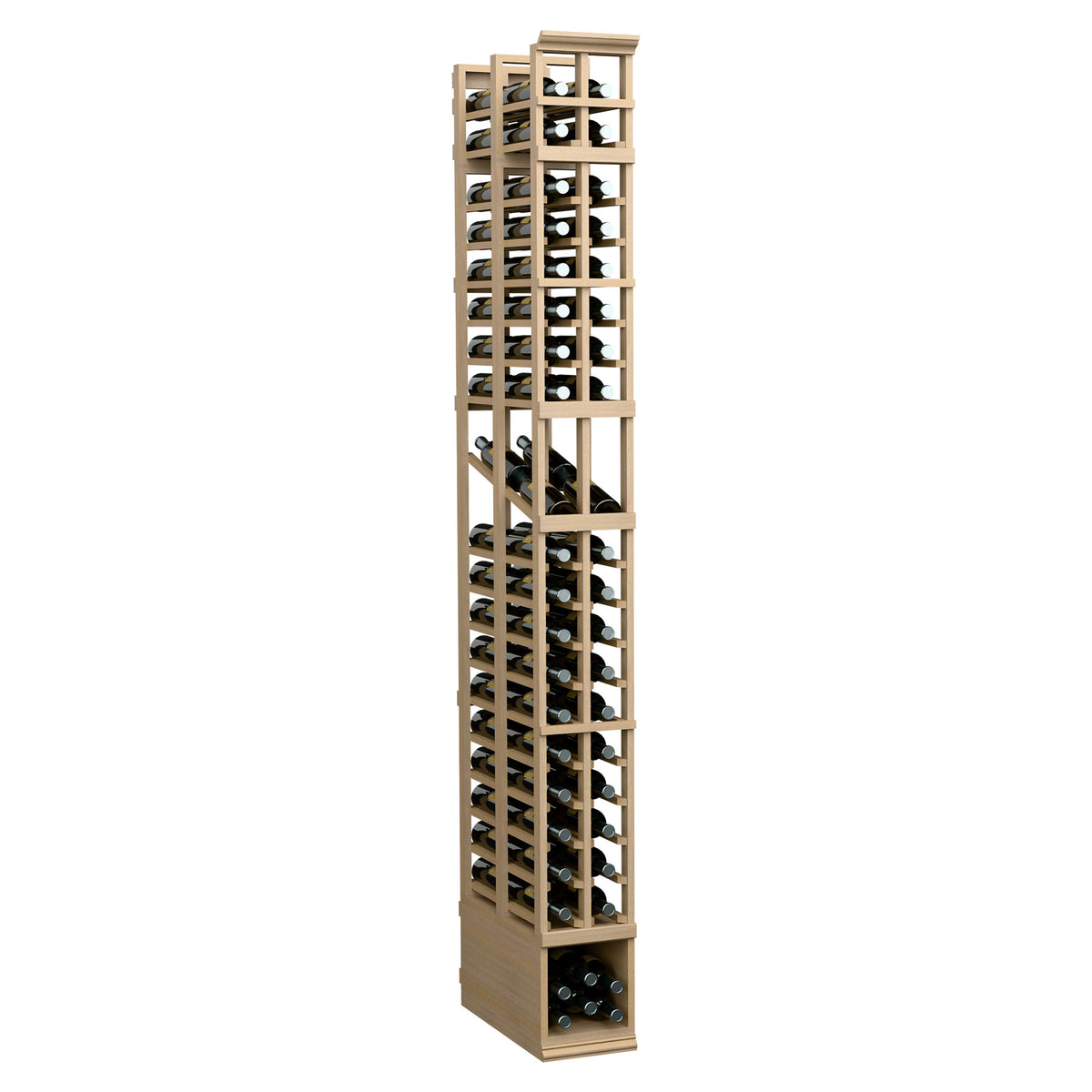 Light wood wine display rack with two columns of double-deep bottle slots