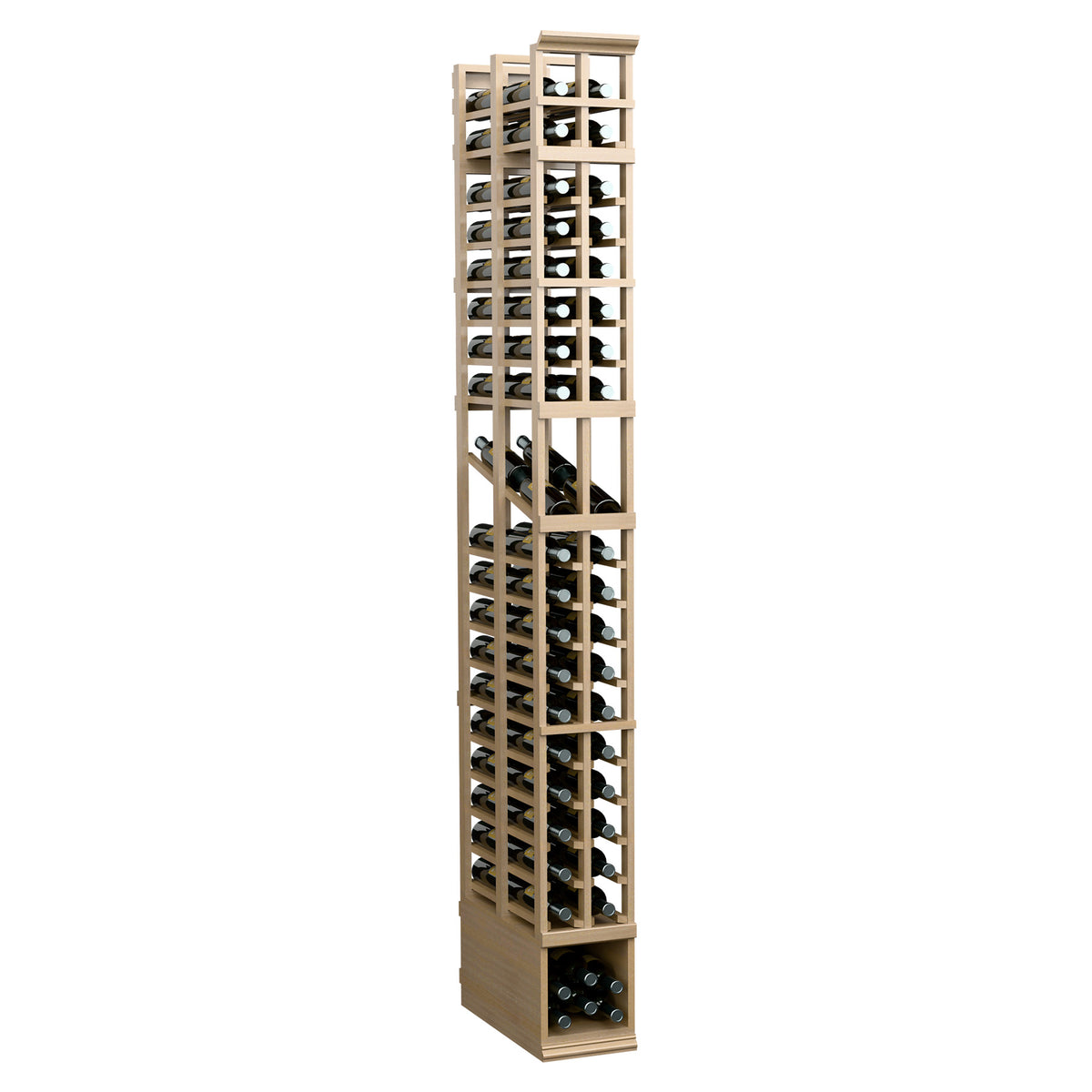 Light wood tall wine rack with two-column double-deep shelving for bottles